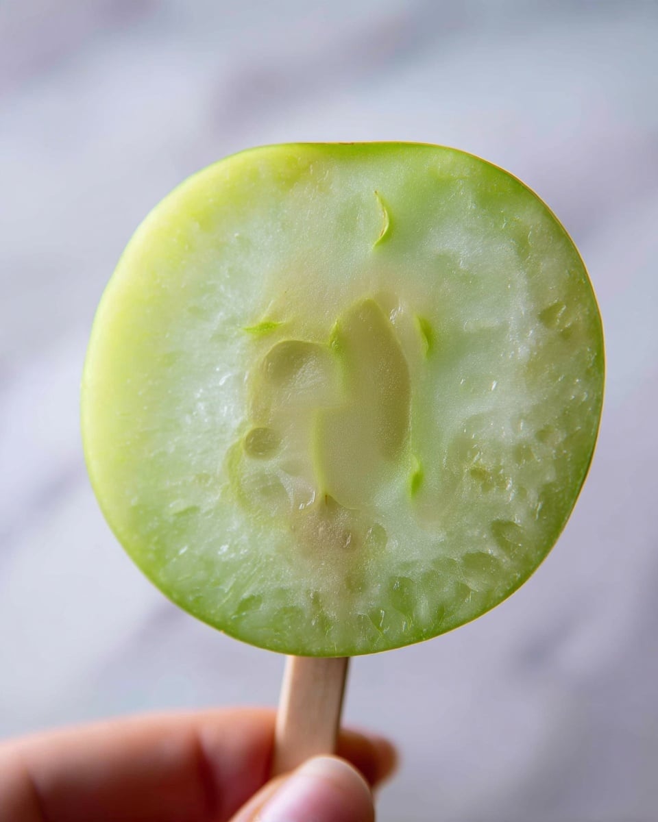 The image shows a close-up of a thin apple slice on a stick. The apple slice is light green with a smooth and slightly shiny texture, showing its natural flesh. The edges are round and slightly uneven, giving it a fresh and natural look. The stick is light brown and visible at the bottom center of the apple slice. The background is blurred but appears to be light with white marbled texture. A woman's hand is holding the stick at the bottom edge of the image. photo taken with an iphone --ar 4:5 --v 7