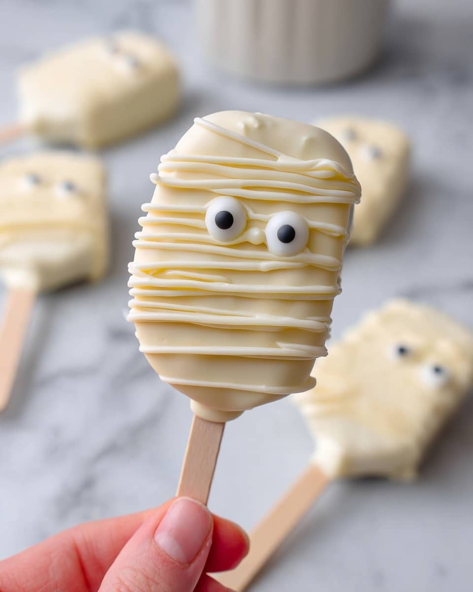 The image shows a treat on a stick, shaped like a rounded rectangle, covered smoothly in creamy white icing that is decorated with thin white icing lines running horizontally across it. Two small black and white candy eyes are placed near the top center to give it a playful look. One side of the treat has a bite taken out, showing a soft, light inside. The stick is wooden and held gently by a woman's hand from the bottom. In the background, there are blurred similar treats on sticks lying on a white marbled surface. The photo taken with an iphone --ar 4:5 --v 7