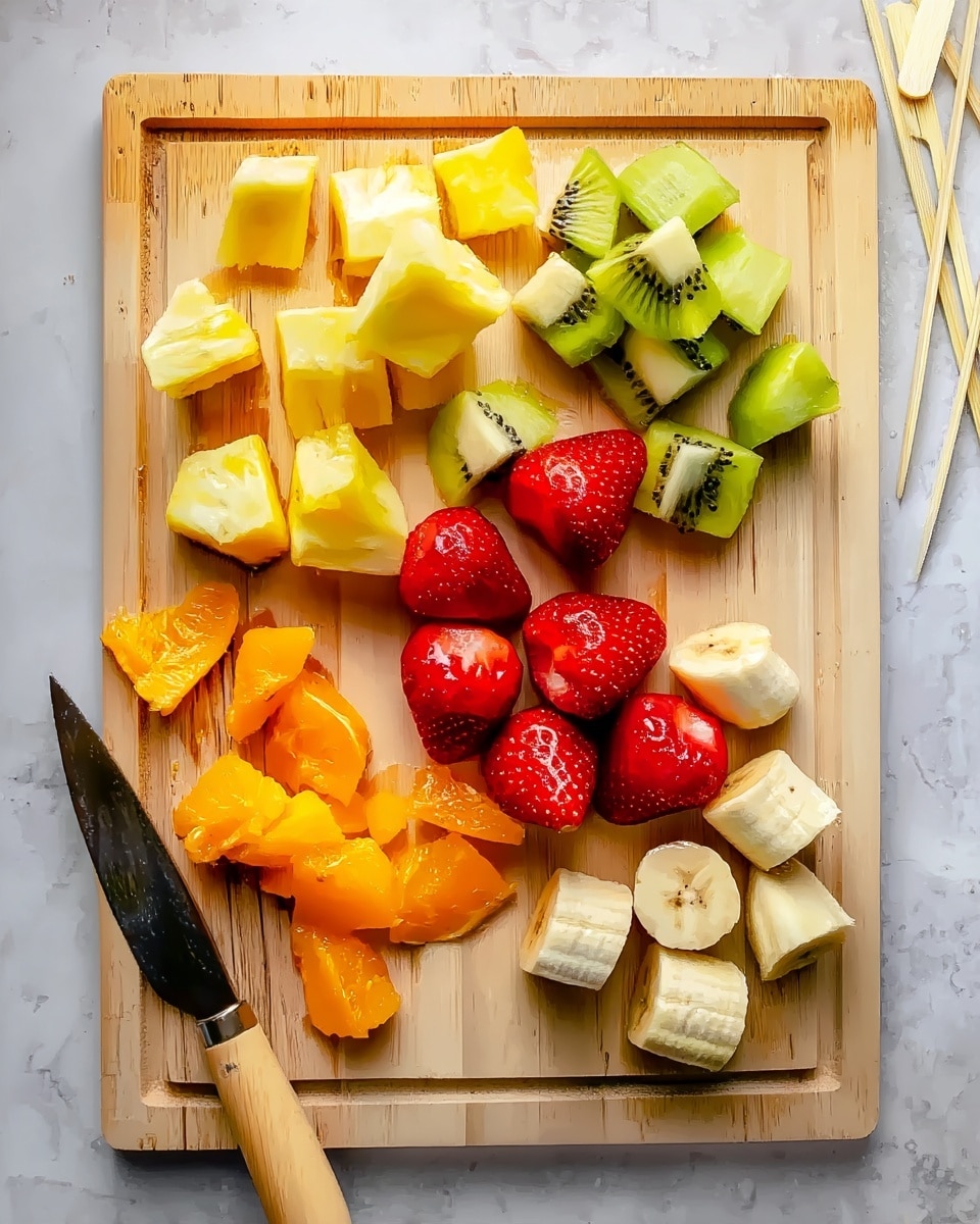 The image shows a wooden cutting board on a white marbled surface with five different types of fruit pieces neatly arranged in separate groups. At the top left, there are bright yellow pineapple chunks with a juicy texture, slightly uneven cut. Next to the pineapple on the top right, medium green kiwi pieces with dark seeds scattered inside their flesh. In the center, a small pile of bright red strawberries with their texture clearly visible. At the bottom left, round orange segments, peeled with a slightly rough surface. At the bottom right, thick, pale yellow banana slices that show the smooth, soft inside. A wooden-handled knife lies on the lower left corner of the board and a few light-colored wooden skewers rest on the white marbled surface above the board photo taken with an iphone --ar 4:5 --v 7