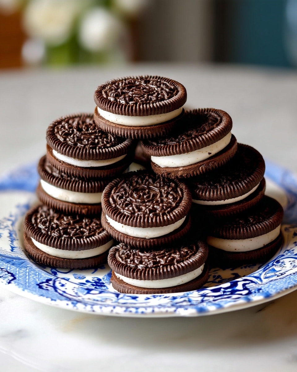 A white plate with blue floral patterns holds a tower of dark chocolate sandwich cookies with white cream filling. The cookies are stacked in a pyramid shape with three or four layers, each cookie showing its textured chocolate surface and smooth white cream center. The plate is placed on a white marbled surface. The lighting is soft, creating slight shadows on the cookies and the plate photo taken with an iphone --ar 4:5 --v 7