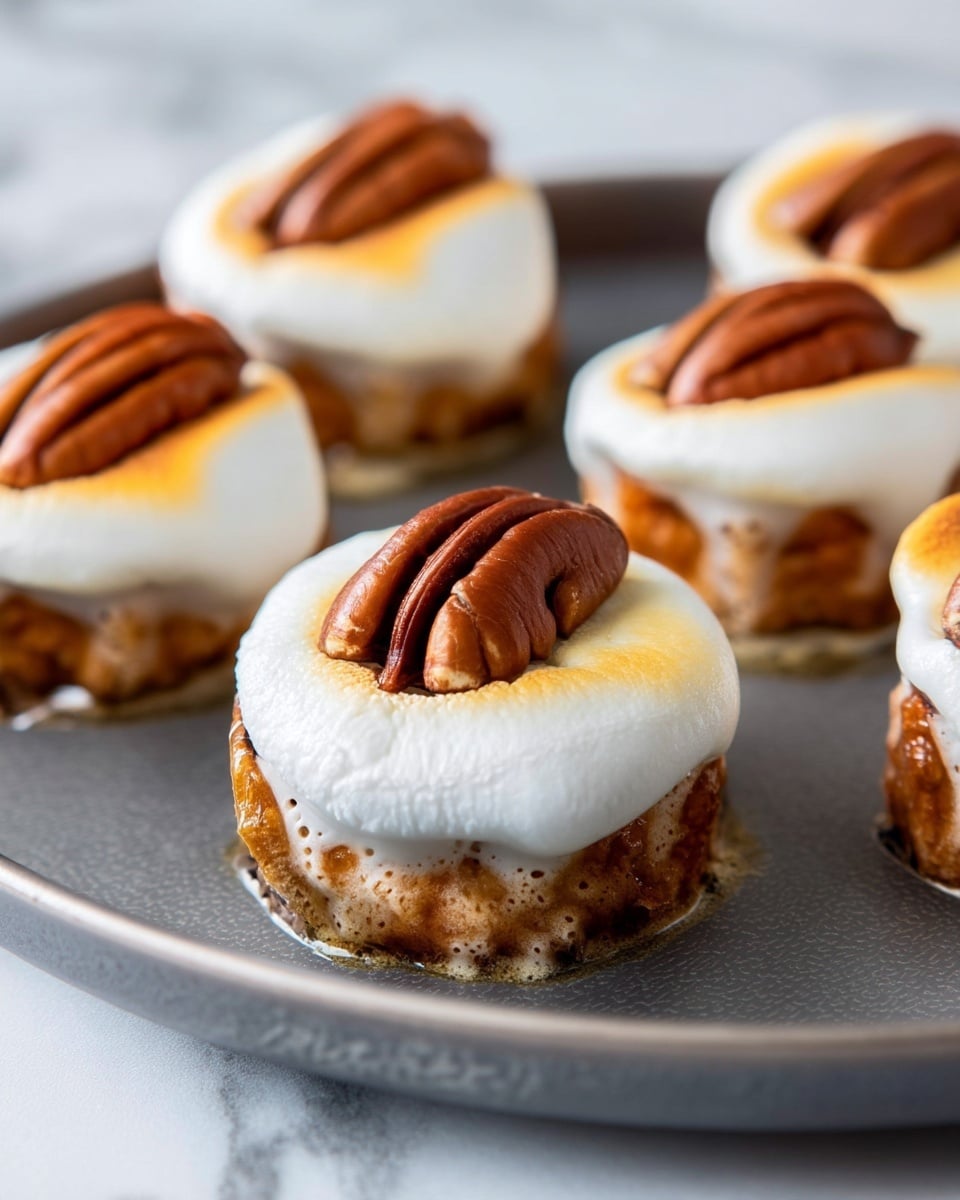 The image shows small treats on a metal tray, each treat having two visible layers. The bottom layer is a round, golden brown base that looks soft and slightly textured. On top, there is a thick, white toasted marshmallow layer with a light golden brown spot, giving it a slightly melted and bubbly look. Each treat is finished with a whole, glossy brown pecan placed right in the center of the marshmallow layer. The background surface is a white marbled texture. photo taken with an iphone --ar 4:5 --v 7