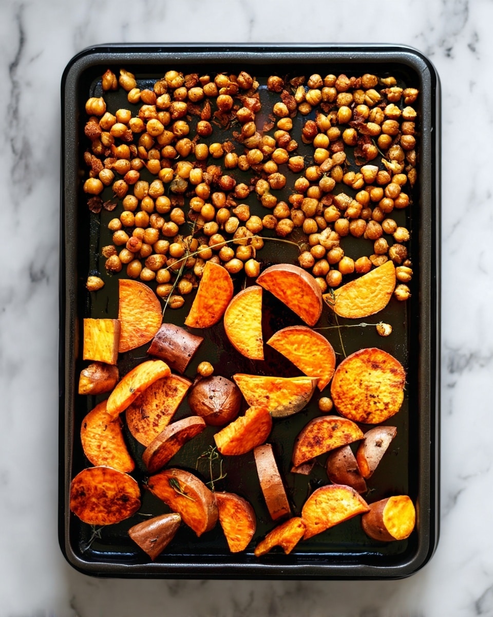 A black baking tray is covered with two main layers: the top layer has small, round chickpeas roasted to a golden brown color with a crispy texture, some are split open and sprinkled with herbs and spices, while a few small sprigs of thyme are scattered among them. The bottom layer shows thick orange sweet potato slices with their skin on, roasted to a warm orange and brown color with a slightly rough texture, some slices are flat and others stand at an angle, creating a layered effect. The tray is set on a white marbled surface. photo taken with an iphone --ar 4:5 --v 7