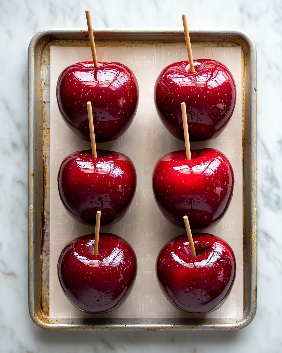 The image shows six dark red apples, each coated in a shiny, smooth red candy layer with small wooden sticks inserted on top. The apples are arranged in two rows of three on a piece of off-white parchment paper, which sits on a metal tray. The overall texture of the candy coating is glossy and reflective, highlighting the vibrant red color, and the tray is on a white marbled surface. photo taken with an iphone --ar 4:5 --v 7