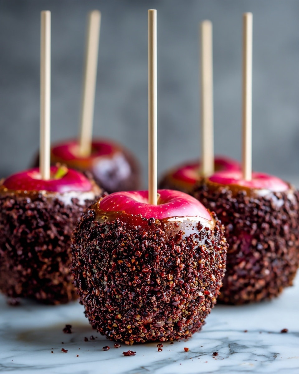 The image shows several apples coated with a thick layer of dark brown crunchy bits, covering the lower two-thirds of each fruit, while the top third remains smooth and pinkish-red with glossy skin. Each apple has a tall wooden stick inserted from the top center, standing straight up. The apples are placed closely together on a white marbled surface, and the background is softly blurred with a dark gray tone. The photo taken with an iphone --ar 4:5 --v 7
