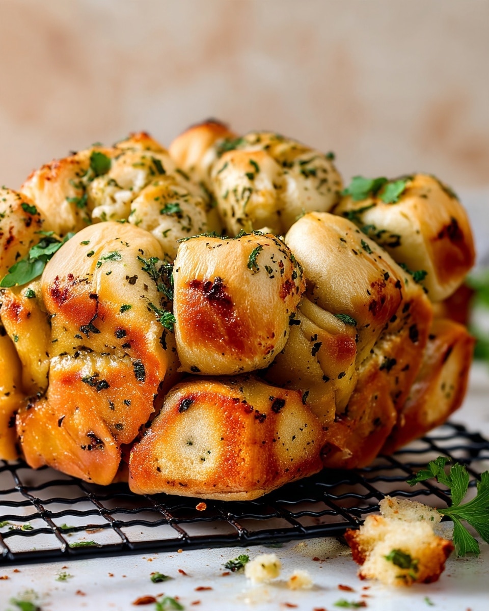 A close-up view of a cluster of pull-apart bread pieces stacked together, each piece golden brown with a slightly crispy texture and speckled with green herbs scattered evenly across the surface. The bread shows soft, fluffy dough with areas of light browning, highlighting the uneven, homemade appearance. The bread is placed on a black wire rack, resting on a white marbled surface with a few loose herbs and crumbs around, against a blurred beige background. Photo taken with an iphone --ar 4:5 --v 7
