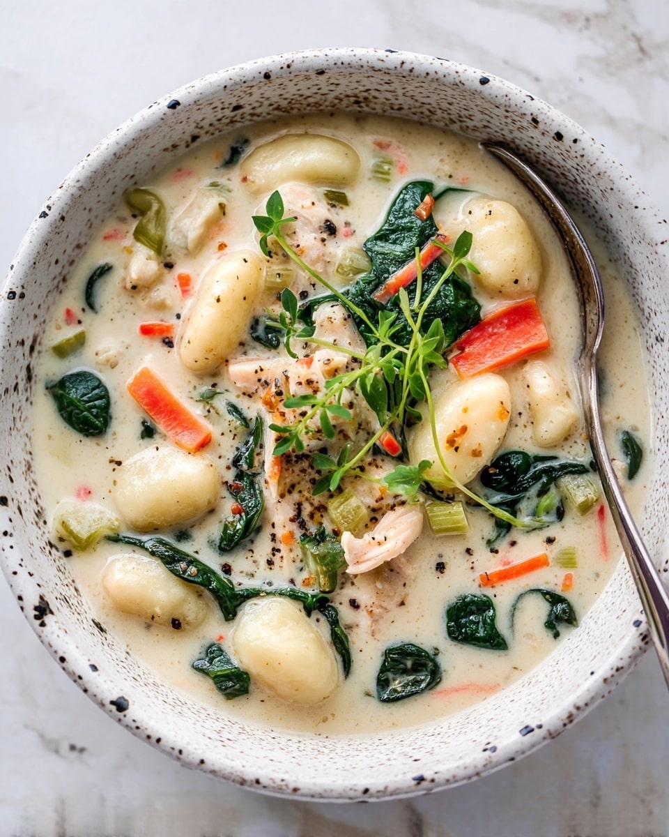 A white speckled bowl holds a creamy soup with a thick, off-white base showing chunks of light beige gnocchi, small pieces of pale pink chicken, thin slices of bright orange carrot, light green celery, and dark green leafy spinach. Small black pepper specks and tiny fresh green herb leaves float on top. A silver spoon rests inside the bowl, set against a white marbled surface. photo taken with an iphone --ar 4:5 --v 7