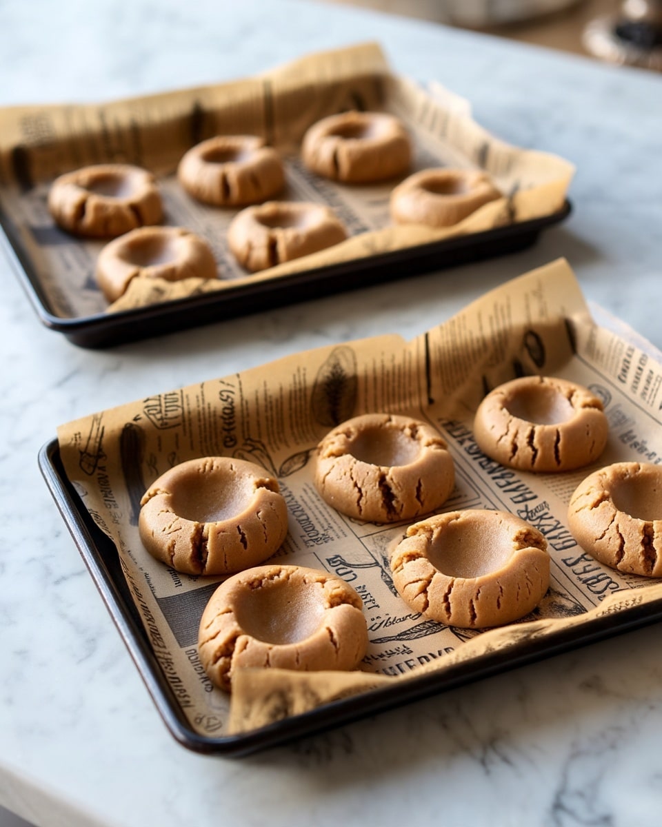 The image shows two baking trays lined with brown parchment paper printed with black bakery-themed text and illustrations. Each tray holds round, light brown cookie dough pieces with a hollow center and visible cracks on their surface, arranged in a loose grid pattern. The trays are placed on a white marbled surface, creating a clean and soft backdrop for the warm-colored cookies and the rustic parchment paper. The lighting is natural and soft, highlighting the texture of the dough and the details in the paper print without harsh shadows. photo taken with an iphone --ar 4:5 --v 7