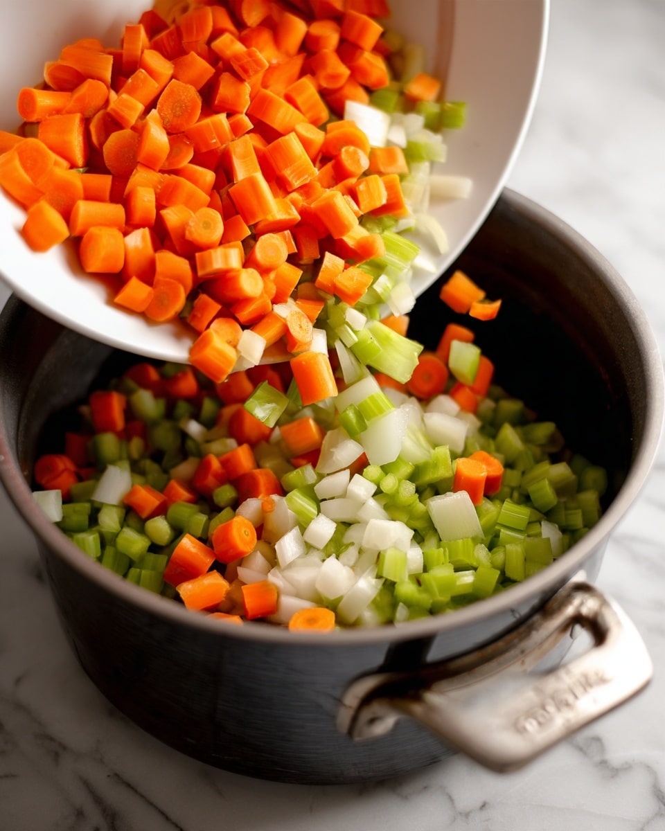 The image shows a white bowl tilted over a pot, pouring chopped vegetables inside. The vegetables include small round orange carrot slices, cubed light orange carrots, diced white onions, and small green celery pieces. The pot is dark metal with a shiny surface and a metal handle on the right side. The white marbled surface is just visible under the pot. The vegetable pieces are vibrant and appear fresh, capturing the moment they fall from the bowl into the pot. Photo taken with an iphone --ar 4:5 --v 7