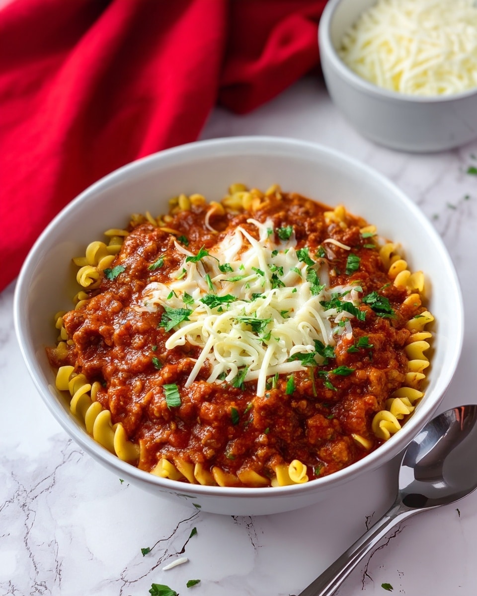Lasagna Soup Recipe 5 The image shows a white bowl filled with a layered dish of noodles and sauce. The bottom layer is curly yellow noodles mixed with a rich, thick red sauce that looks like a tomato base with meat. On top of this is a layer of shredded white cheese that is slightly melted, scattered with small pieces of fresh green herbs. The bowl is placed on a white marbled surface, and a silver spoon rests beside it. In the background, there is a small white bowl with shredded cheese and a red cloth. Photo taken with an iphone --ar 4:5 --v 7