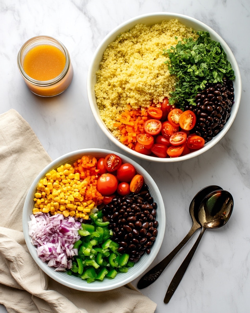 The image shows two parts: the left side has a white bowl filled with cooked quinoa that looks light yellow and fluffy, with a small jar of orange dressing placed above it on a white marbled surface. On the right side, a large white bowl is filled with separate layers of different chopped ingredients arranged neatly: pale yellow quinoa in one section, finely chopped green herbs next to it, black beans piled up, dark green chopped jalapenos, halved red cherry tomatoes, bright orange diced bell peppers, yellow corn kernels, and chopped purple onions, all sitting clearly apart from each other. A beige cloth is casually placed below the bowl and two black spoons sit near the bottom on the white marbled surface. photo taken with an iphone --ar 4:5 --v 7