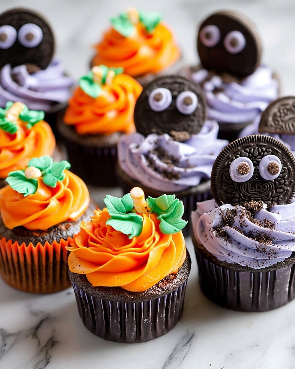 The image shows a collection of chocolate cupcakes decorated for Halloween, placed on a white marbled surface. In the front center, there are two cupcakes with bright orange frosting swirled on top, each topped with green leaf-like icing and small orange pumpkin stem details. To the right, there are cupcakes with light purple frosting, sprinkled with chocolate crumbs, and topped with two small half Oreo cookies arranged vertically to resemble ears. In the background, there are cupcakes decorated with black round cookie faces that have large white eyes made of icing, giving a spooky look. The overall colors are vivid and festive, with a clear focus on orange, purple, black, and green, creating a fun Halloween theme. Photo taken with an iphone --ar 4:5 --v 7