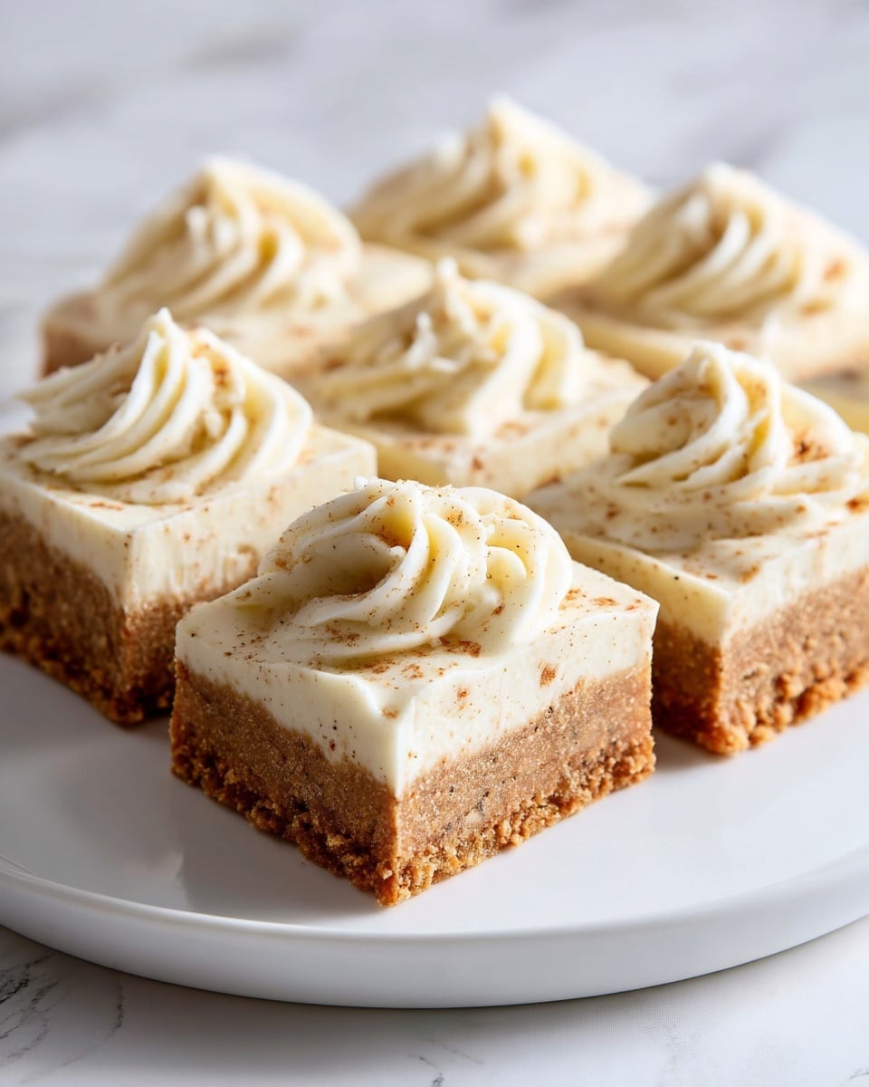 The image shows several square dessert bars arranged closely together on a dark surface. Each bar has two layers: the bottom layer is thick, brown, and looks soft with a slightly crumbly texture, while the top layer is smooth, creamy white icing with gentle swirls and a light dusting of brown spice on top. The bars are neatly cut, and one bar is slightly lifted, showing the thickness of both layers. A white bowl with a crumbly brown mixture is partially visible on the side, and the background is a white marbled texture. photo taken with an iphone --ar 4:5 --v 7