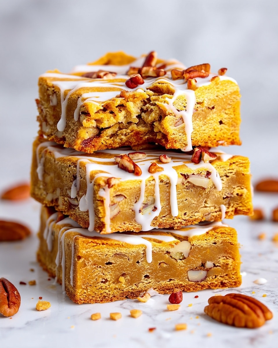 The image shows a stack of three thick, square blondies with a golden-brown color and soft texture. Each blondie is topped with white icing drizzled in thin, uneven lines, and sprinkled with small pieces of pecans. The top blondie has a bite taken out, showing a dense inside with chunks of nuts. The stack sits on a white marbled surface with a few pecan pieces scattered around. Photo taken with an iphone --ar 4:5 --v 7