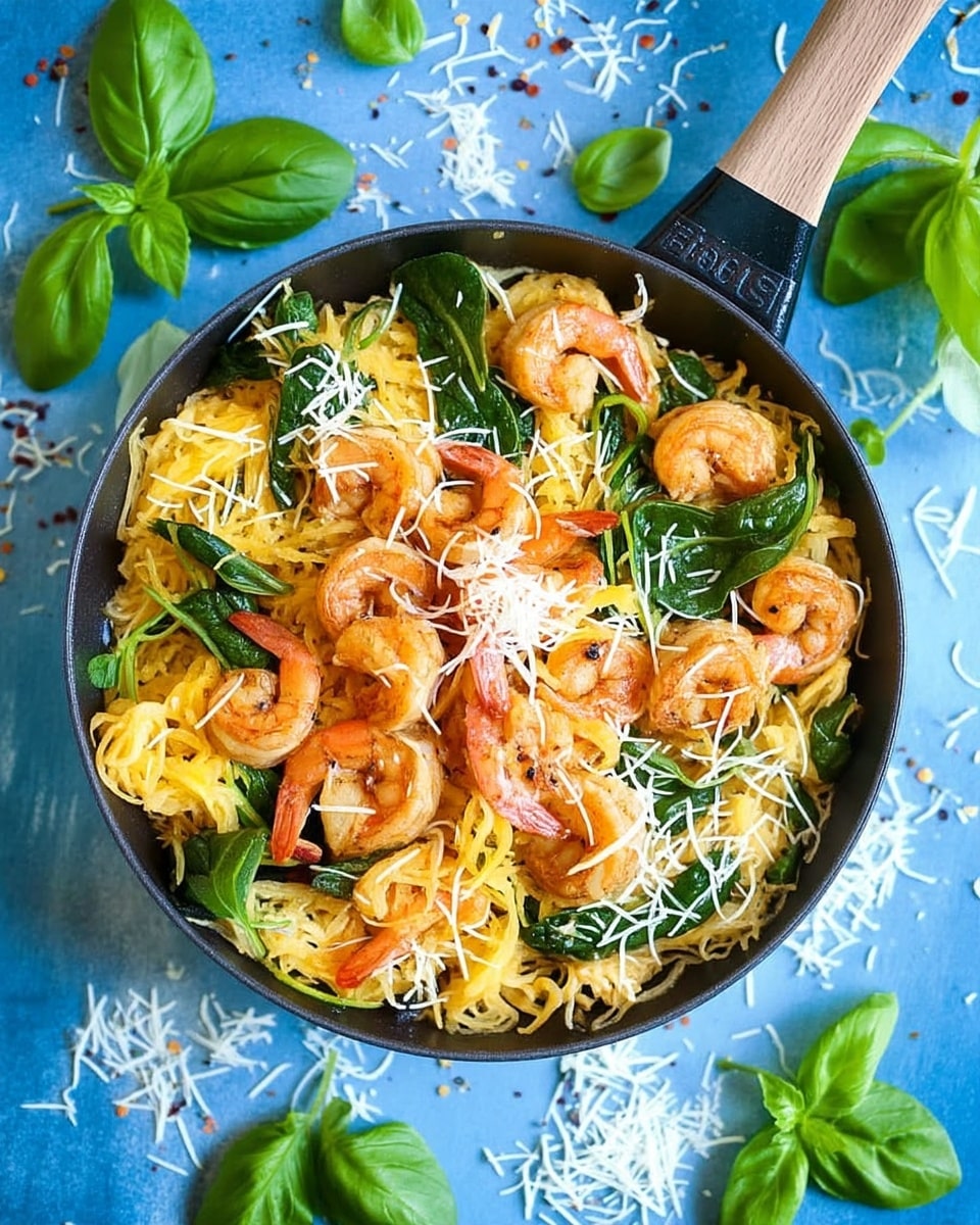 A black pan with a wooden handle holds a dish of yellow spaghetti squash strands topped with cooked pink shrimp and scattered dark green spinach leaves. Shredded white cheese is lightly sprinkled over the whole dish. Around the pan, fresh light and dark green basil leaves and some white cheese shreds are spread on a blue surface. The photo taken with an iphone --ar 4:5 --v 7