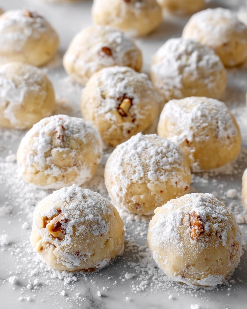 A close-up image of a single round cookie with a bite taken out, showing one layer inside. The cookie has a rough texture with small bits of nuts visible inside. It is covered in a thick white powder on the outside. The cookie rests on a white marbled surface with small crumbs and nut pieces scattered around it. In the background, there are blurred shapes of more similar cookies. photo taken with an iphone --ar 4:5 --v 7