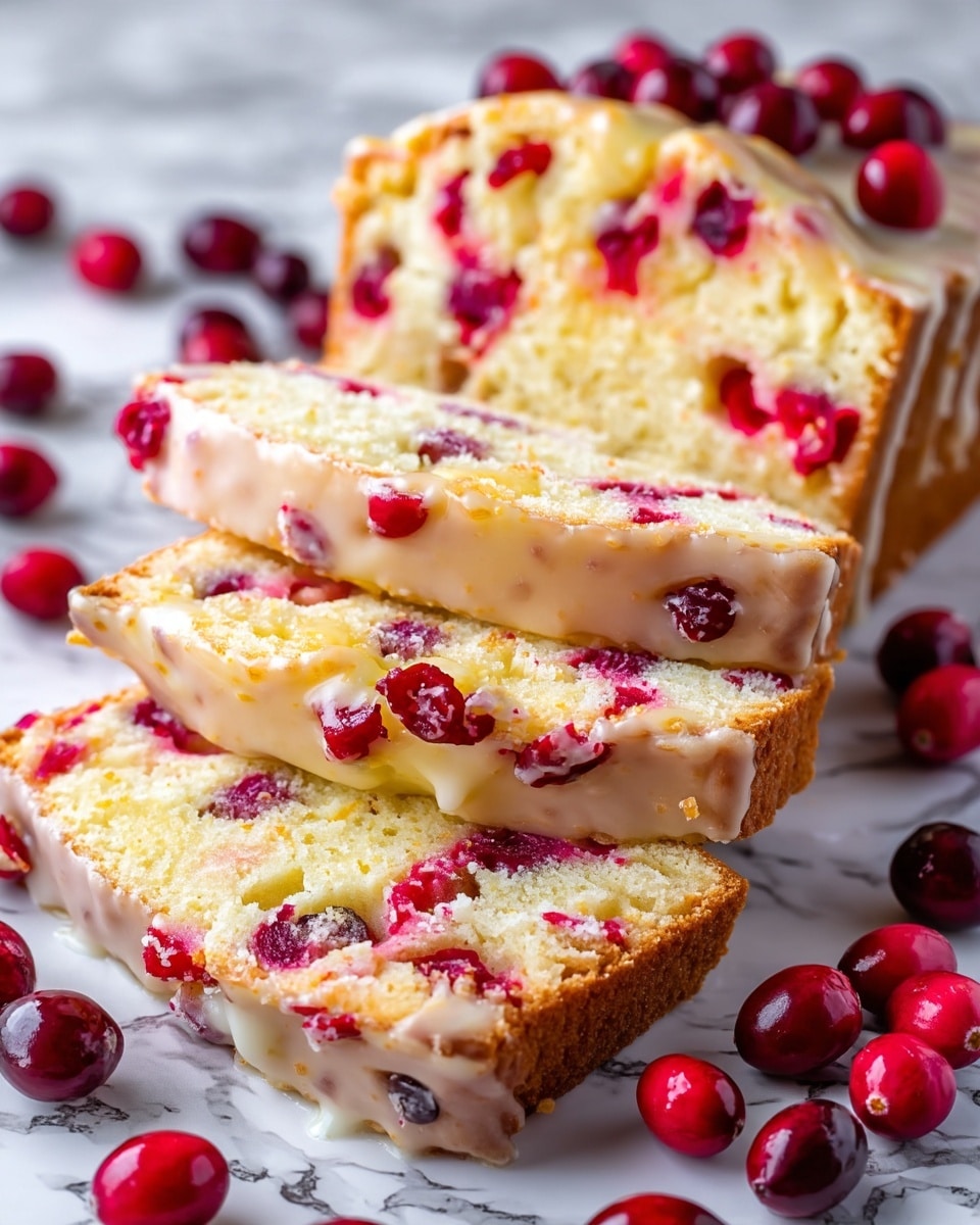 The image shows multiple slices of a yellow cake loaf stacked closely in a row. Each slice has a soft, crumbly texture with many bright red berry pieces spread evenly inside. The cake has a light golden crust on top with a shiny glaze that gives it a slightly sticky look. The background has a white marbled texture. photo taken with an iphone --ar 4:5 --v 7
