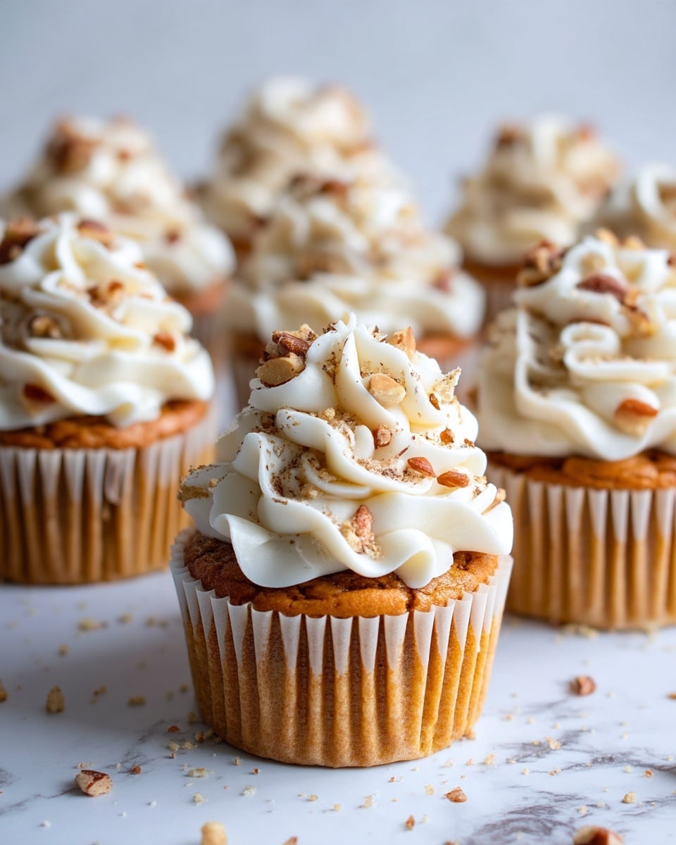 Vegan Pumpkin Cupcakes Recipe 5 This image shows a close-up of several light brown cupcakes arranged in rows on a white marbled surface. Each cupcake is topped with a swirl of creamy white frosting that is thick and smooth, forming a tall, soft peak. The frosting is sprinkled with chopped brown nuts, adding texture and a rustic touch. The cupcakes have a ribbed white paper liner around the base, and crumbs and small nut pieces are scattered on the surface around them. The background is plain and softly blurred, keeping all attention on the cupcakes. photo taken with an iphone --ar 4:5 --v 7