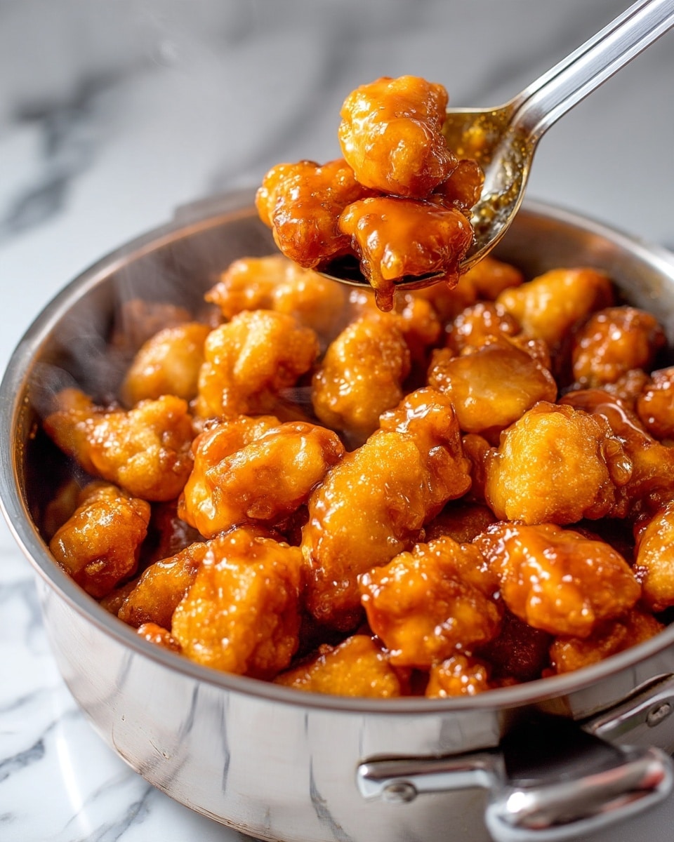The image shows many pieces of golden-brown fried chicken covered in a thick, shiny sauce inside a silver pot. The chicken pieces are small and irregularly shaped with a crispy texture that glistens with the sticky sauce. A metal spoon is scooping some pieces, lifting them slightly above the rest. Steam rises lightly from the pot, giving a sense of warmth and freshness. The background is a white marbled texture. photo taken with an iphone --ar 4:5 --v 7