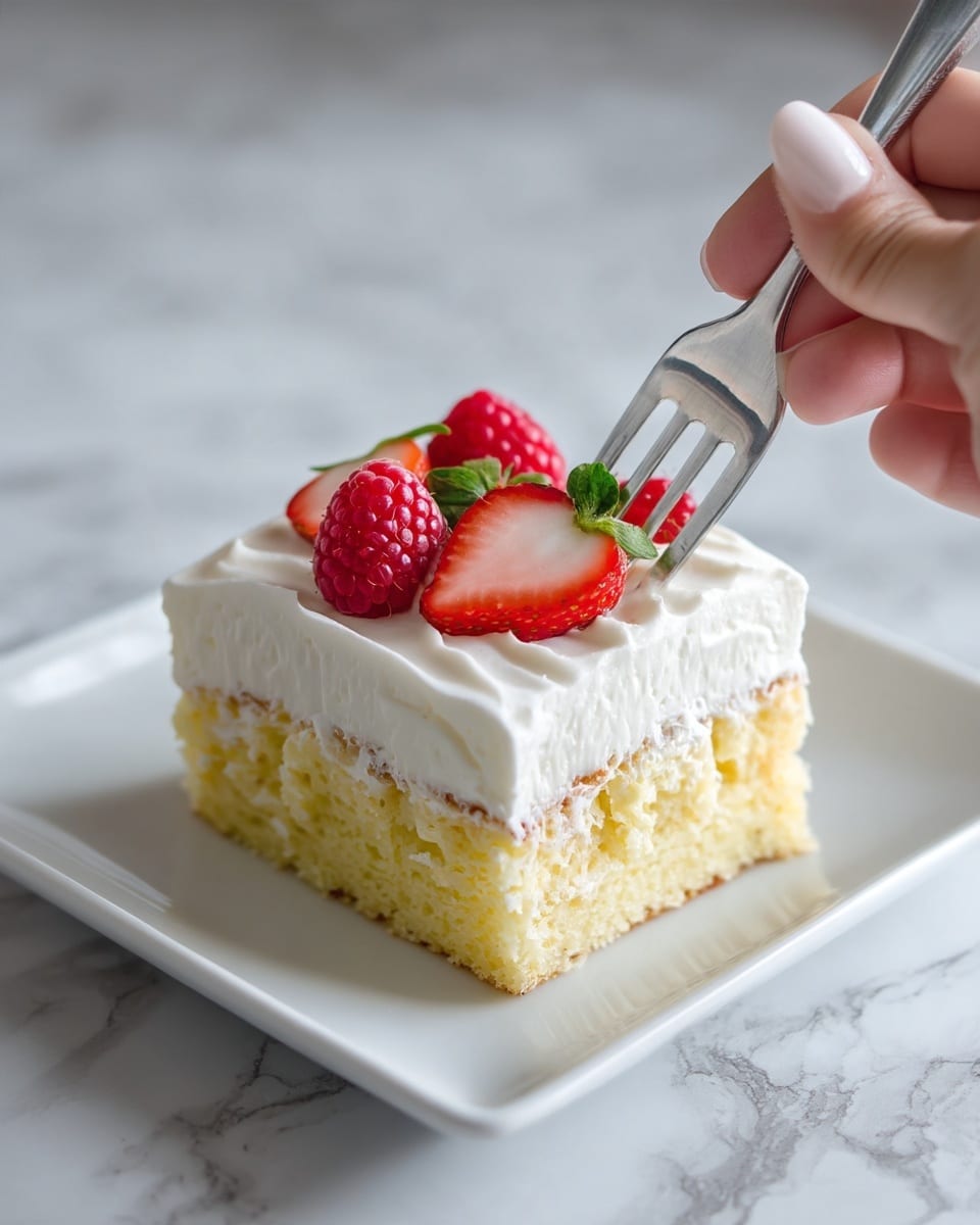 The image shows a close-up of a square slice of cake on a white plate, placed on a white marbled surface. The cake has three layers: the bottom layer is a light yellow sponge with a soft texture, the middle layer is creamy and white, and the top layer is a thick, smooth white frosting. On top of the frosting, there are fresh berries including a red raspberry and slices of red strawberry with small green leaves. A woman's hand holds a fork poised near the cake. Photo taken with an iphone --ar 4:5 --v 7
