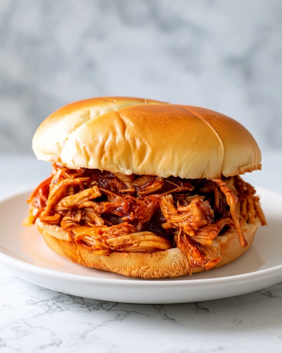 Easy Crockpot BBQ Chicken (Pulled Chicken) Recipe 5 A sandwich with three layers on a white bun is shown on a white marbled surface. The bottom layer is a slightly browned bun, next a thick layer of shredded orange-brown saucy meat that drips sauce onto the bun and plate, then a layer of bright purple shredded cabbage with bits of chopped green herbs, covered by the top bun that is light golden brown and smooth. Another similar sandwich is blurred in the background, along with a jar of more purple cabbage and a wooden spoon. Photo taken with an iphone --ar 4:5 --v 7