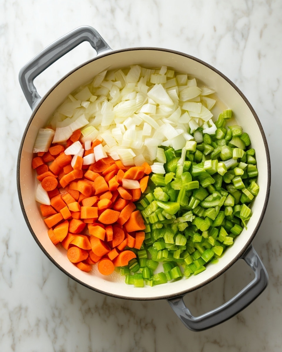 The image shows a white round pot with a gray handle on a wooden table. Inside the pot, there are three layers of chopped vegetables arranged side by side. The top layer is white chopped onion, the left layer is bright orange chopped carrot, and the bottom layer is green chopped celery. The vegetables are neatly placed in separate groups and fill the pot halfway. The pot is set on a white marbled surface. photo taken with an iphone --ar 4:5 --v 7
