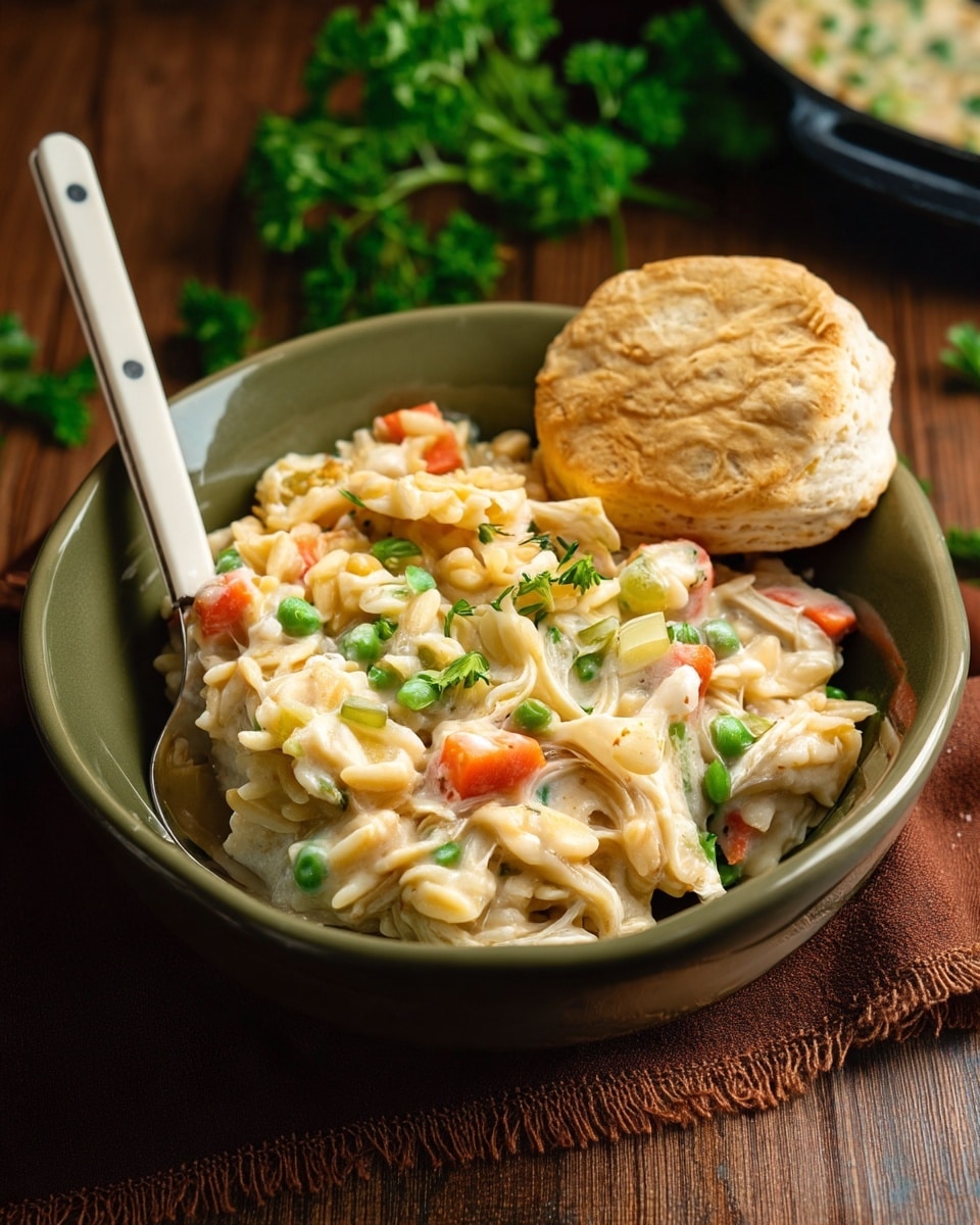 A deep olive green bowl is filled with creamy chicken and vegetable orzo, showing layers of soft orzo pasta mixed with small chunks of orange carrots, green peas, and celery, all coated in a rich, creamy white sauce with visible herbs. The dish is garnished with small fresh green parsley leaves, adding a touch of brightness. On top and touching the pasta is a golden-brown biscuit with a smooth but slightly cracked surface texture. A white-handled spoon with silver bowl rests inside the bowl on the left side, partially submerged in the food. The bowl sits on a wooden table with a dark brown fringed cloth napkin in the background, scattered parsley sprigs nearby, and a white marbled surface underneath. A corner of a creamy orzo dish in a black pan is visible at the top left corner. Photo taken with an iphone --ar 4:5 --v 7
