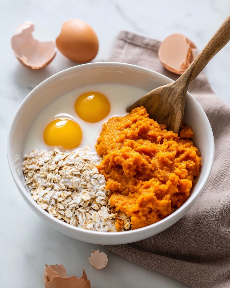 Pumpkin Baked Oatmeal Recipe 4 A white bowl holds several cooking ingredients layered plainly: on one side, two bright yellow egg yolks rest atop light brown rolled oats partially covered with a splash of white milk. Adjacent to the oats is a large mound of vibrant orange pumpkin puree, textured and soft. A wooden spoon dips gently into the bowl from the upper left, stirring the mixture. The bowl sits on a soft beige cloth with broken brown eggshells nearby, all placed on a white marbled surface photo taken with an iphone --ar 4:5 --v 7
