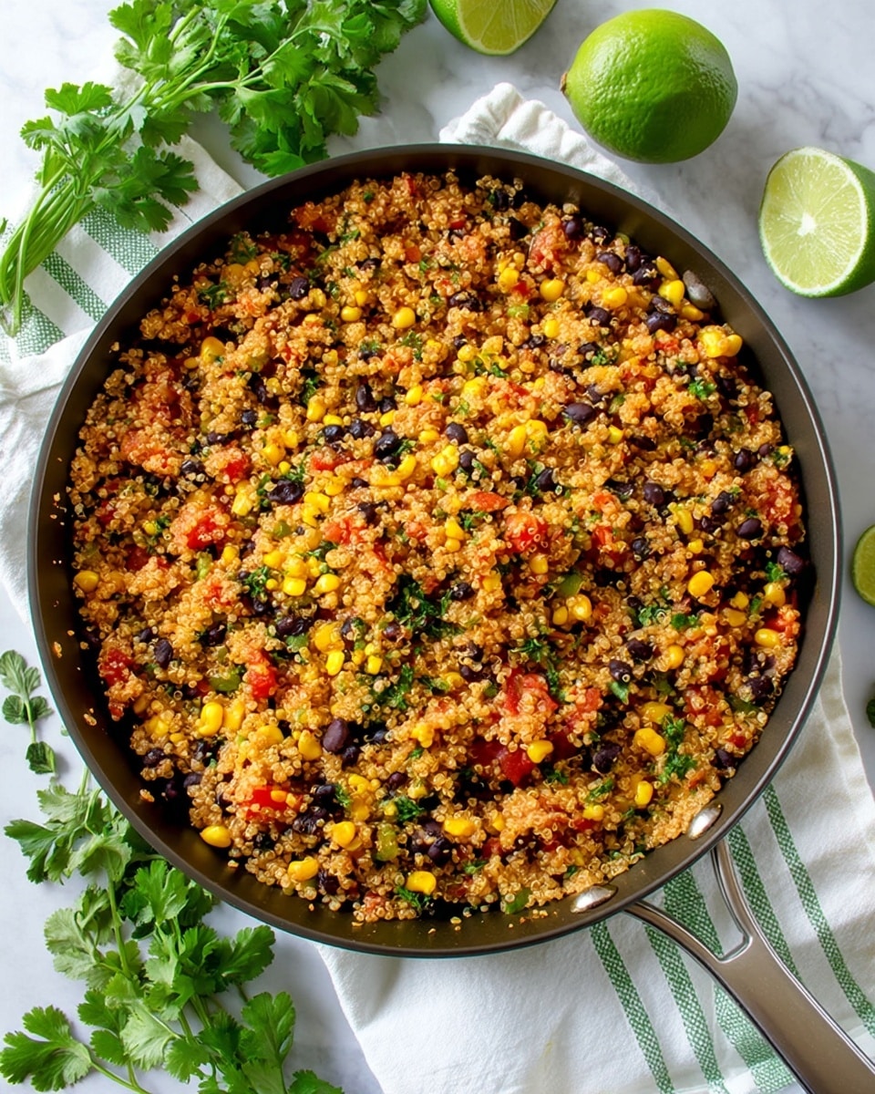 A large pan filled with a colorful mix of cooked quinoa, black beans, yellow corn kernels, and small pieces of red tomatoes, all evenly spread out. The quinoa is light brown and fluffy, creating the base layer, while the black beans and corn create scattered black and yellow spots throughout. Small green bits of cilantro are mixed in, adding a fresh touch. The pan is placed on a white marbled surface with a white and green striped cloth underneath and fresh limes and cilantro leaves around it. Photo taken with an iphone --ar 4:5 --v 7