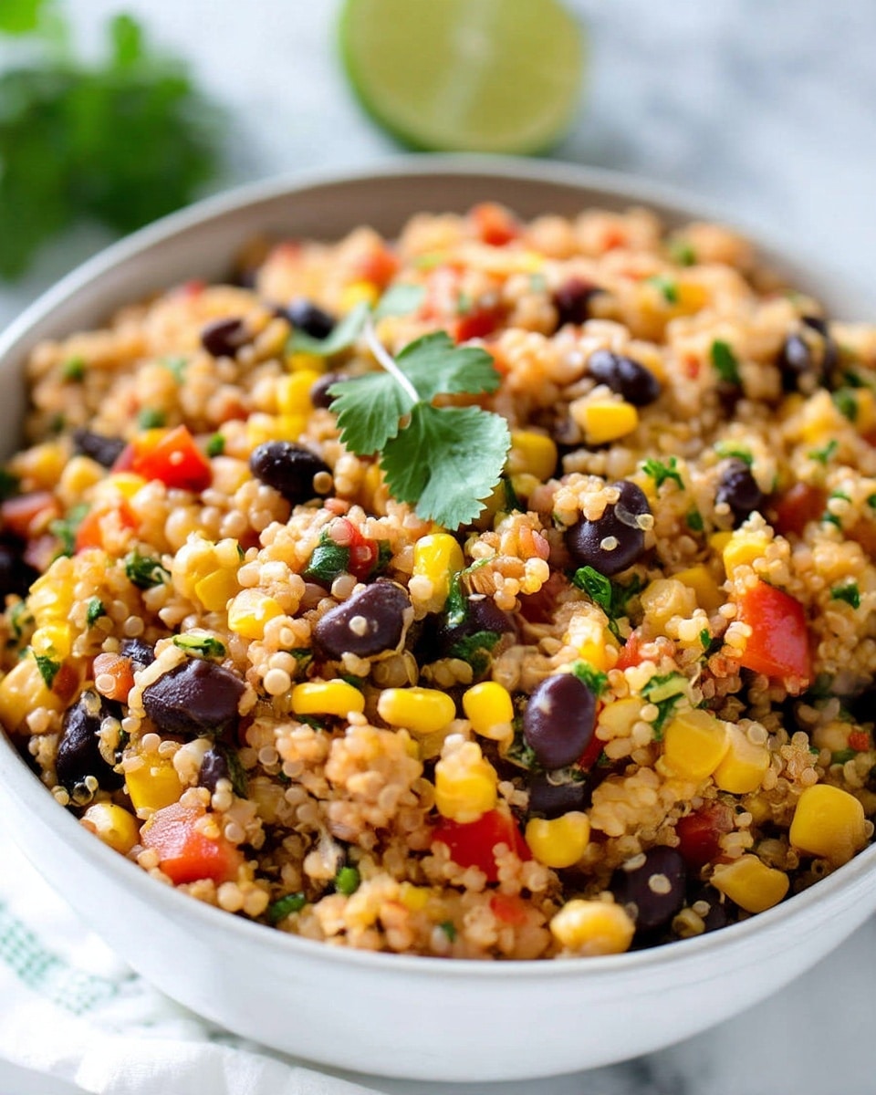 A close-up of a white bowl filled with a colorful quinoa salad. The salad has three main layers visible mixed together: small fluffy quinoa grains in light beige, bright yellow corn kernels, and dark black beans. There are tiny bits of red tomato and green herbs scattered throughout, adding color contrast. On top, a small bunch of fresh green cilantro leaves is placed as decoration. The bowl sits on a white marbled surface with a white cloth partly visible under the bowl. In the background, blurred lime halves add a pop of green. Photo taken with an iphone --ar 4:5 --v 7