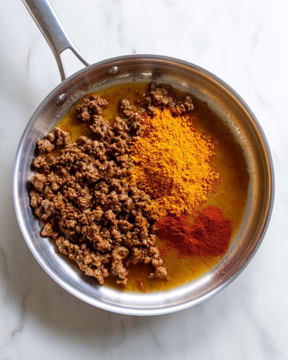 A silver pan lies on a white marbled surface, filled halfway with cooked brown ground meat scattered unevenly, leaving some shiny cooking liquid visible. On top and toward the center, there are two piles of spices: one larger pile is bright orange-yellow powder, and a smaller reddish-brown powder sits beside it. The pan handle extends downwards from the pan's center. Photo taken with an iphone --ar 4:5 --v 7