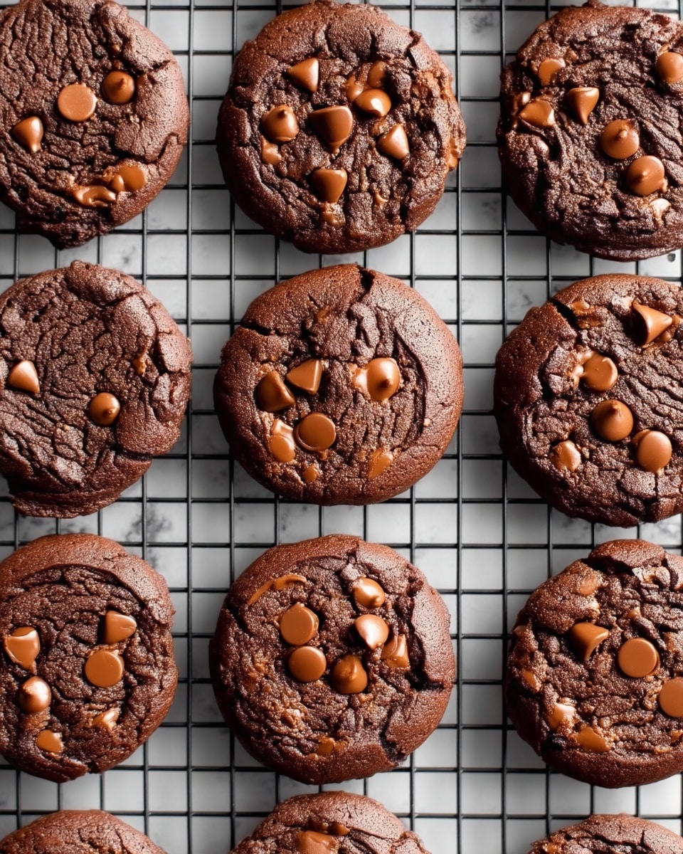 Fudgy Chocolate Brownie Cookies Recipe 4 The image shows round, dark brown chocolate cookies with light brown chocolate chips scattered on top, arranged evenly on a black cooling rack. The cookies have a slightly cracked texture on the surface, indicating a soft inside, and a rough, uneven edge while maintaining a circular shape. The background is a white marbled texture, adding a clean and bright contrast to the warm, rich colors of the cookies. photo taken with an iphone --ar 4:5 --v 7