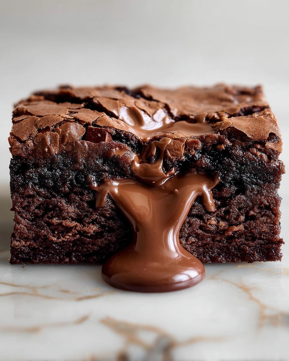 A close-up of a rich, dark brown brownie with a cracked, shiny top layer showing a rough textured surface. Underneath the top layer, there is a thick, smooth, glossy layer of melted chocolate flowing slowly and filling the cracks. The image focuses on the contrast between the dry, cracked crust and the wet, soft chocolate beneath. The background is a white marbled texture. Photo taken with an iphone --ar 4:5 --v 7
