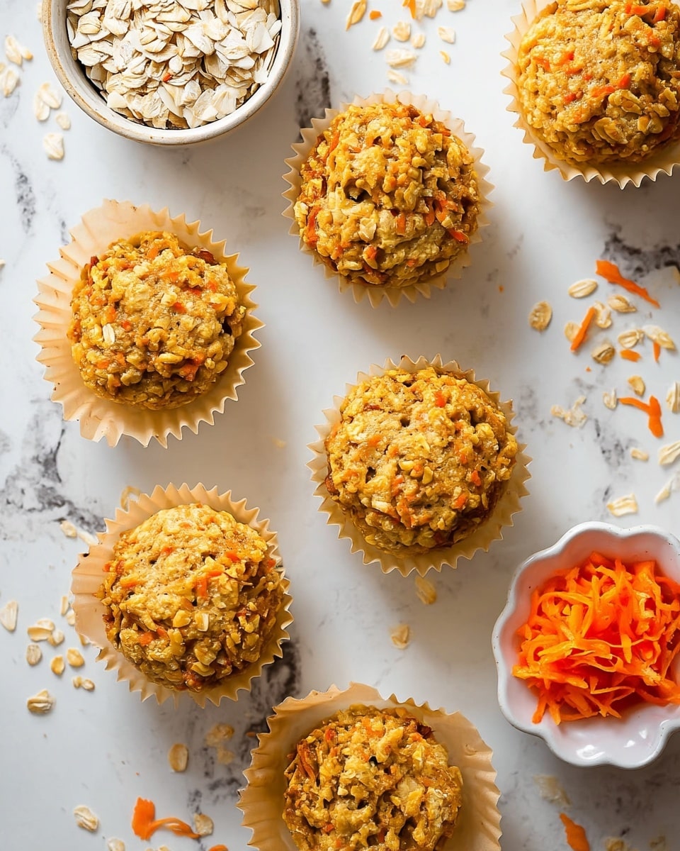 The image shows several round, textured oatmeal carrot muffins placed inside cream-colored muffin liners, arranged on a white marbled surface. Each muffin is golden-brown with visible small orange carrot pieces and oats mixed throughout, creating a rough, chunky texture. Around the muffins, there are small bowls filled with rolled oats and shredded orange carrots. Some scattered oat flakes are also visible on the marbled surface, adding a natural feel. The light is bright and soft, highlighting the colors and textures gently. photo taken with an iphone --ar 4:5 --v 7