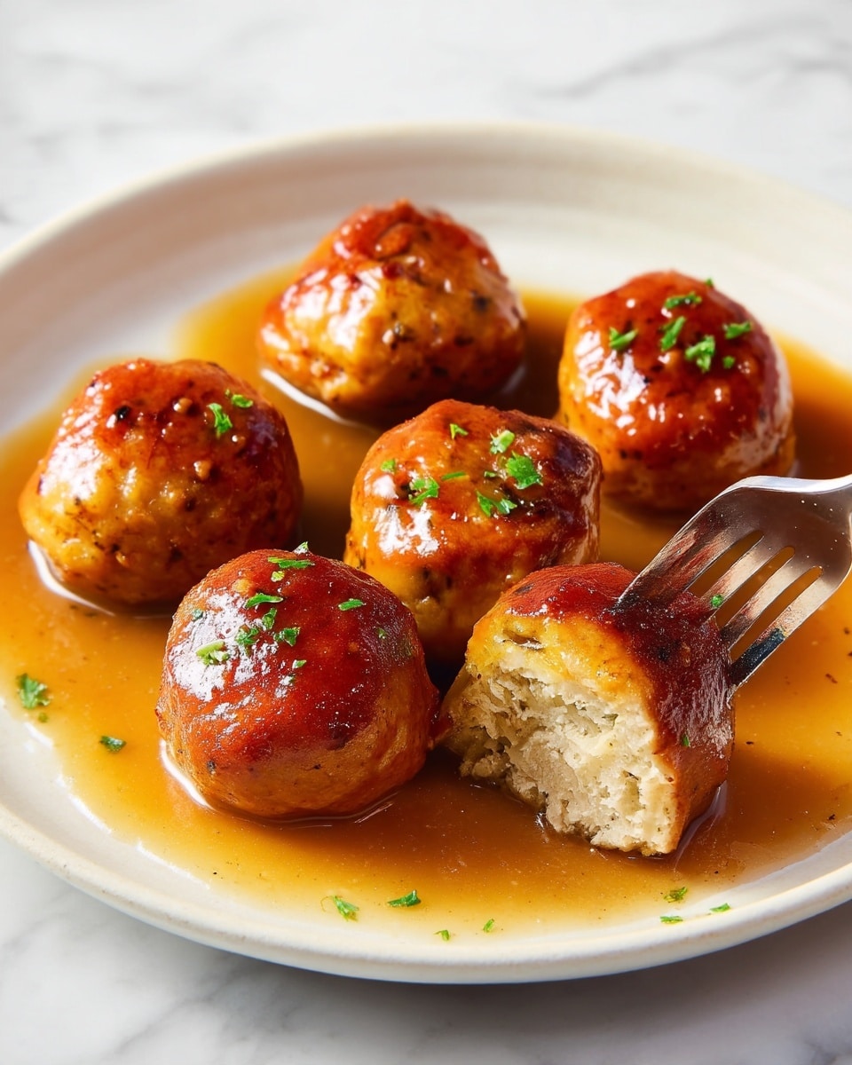 The image shows several golden-brown meatballs with a shiny, glazed surface, each having a slightly irregular round shape and crispy texture. They are placed very close together, partially covered in a thick, glossy brown sauce that pools around them, creating a rich and appetizing look. The background is a white marbled texture that contrasts with the warm tones of the meatballs and sauce. photo taken with an iphone --ar 4:5 --v 7