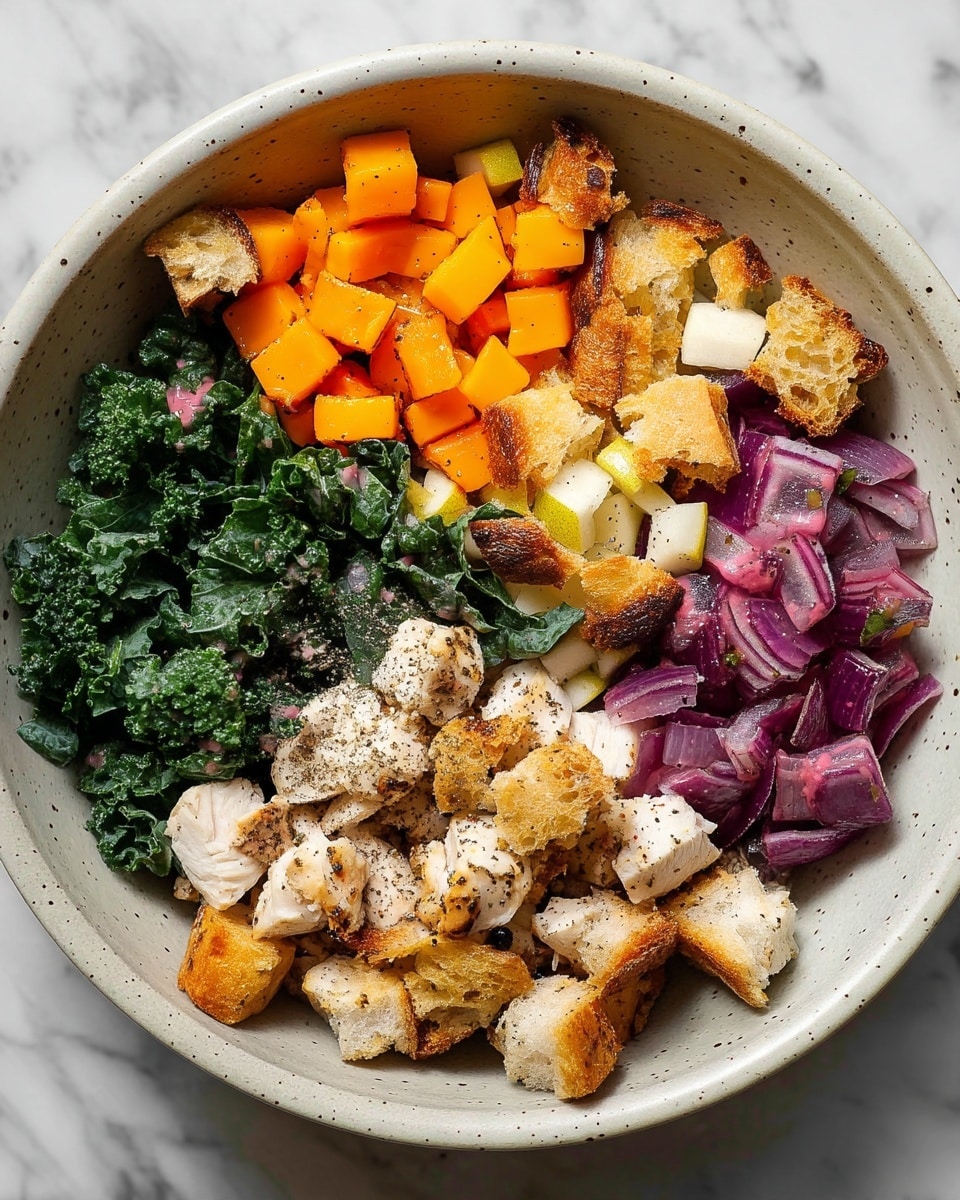 A white bowl filled with a mixed salad showing about five layers: dark green leafy kale pieces spread throughout, roasted orange sweet potato cubes, browned sausage chunks with a crispy texture, diced pale yellow cheese, and purple-red onion pieces. The salad looks fresh and colorful, with a wooden spoon resting on the right side inside the bowl. The bowl sits on a white marbled surface. photo taken with an iphone --ar 4:5 --v 7
