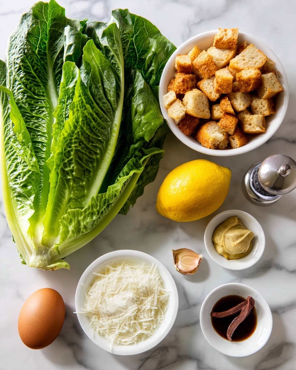 The image shows fresh ingredients laid out on a white marbled surface for making a salad or dressing. On the left, there are large green romaine lettuce leaves with a crisp texture, slightly curled at the edges. To the right, a bright yellow lemon sits near a white bowl full of golden brown bread cubes that look toasted and crunchy. Next to it is a small clear glass cup filled with light golden oil. In front of these, there is a brown egg with smooth shell, and two small garlic cloves with pale papery skin. Below them, a white bowl holds finely grated white cheese that looks soft and fluffy. On the right side, there are three small white dishes containing a dark brown thick sauce, light tan creamy mustard, and a few small dark brown anchovy fillets. Two silver pepper and salt grinders stand at the top-right corner. Everything is arranged neatly with soft, natural lighting. photo taken with an iphone --ar 4:5 --v 7