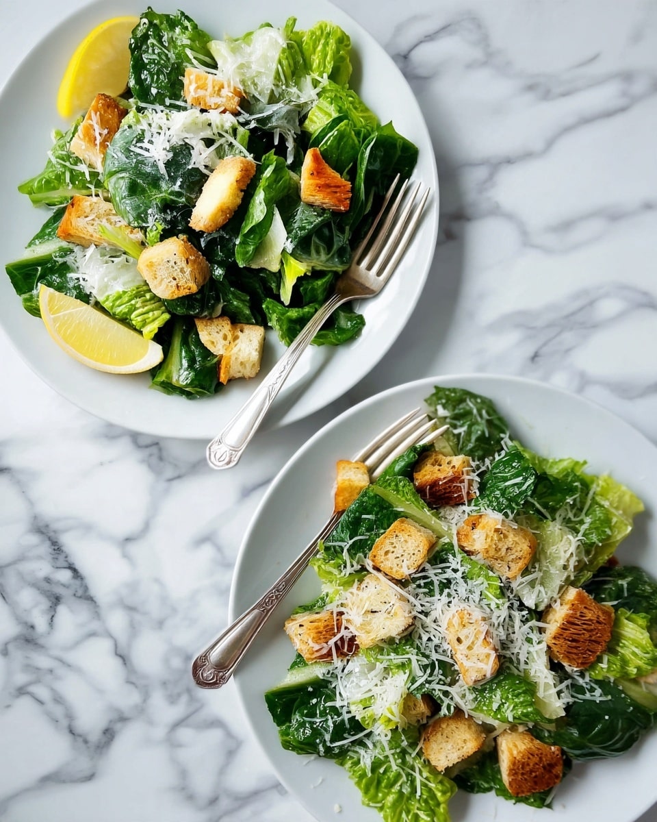 Two white plates with green salad sit on a white marbled surface. Each salad has large green leafy lettuce as the bottom layer. On top, there are light brown croutons scattered around. A slice of yellow lemon is placed on the left side of the front plate. A silver fork rests on the front plate touching the salad. The top of the salad is sprinkled with a light layer of shredded white cheese. Photo taken with an iphone --ar 4:5 --v 7