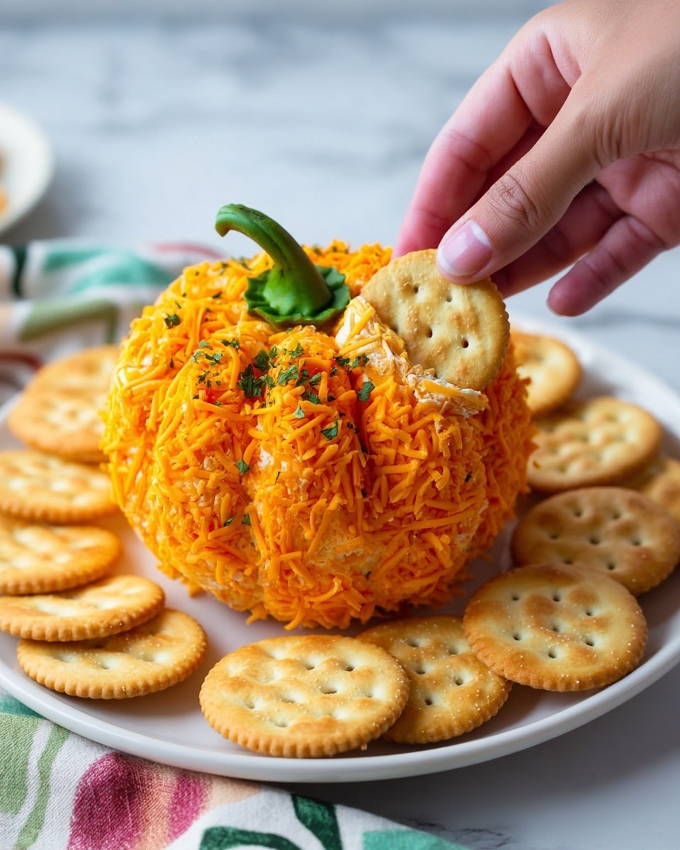 The image shows a round cheese ball shaped like a small pumpkin with visible ridges covered in shredded cheddar cheese, giving it a textured orange look. It has a dark green stem on top, making it look like a real pumpkin. The cheese ball is placed on a white plate with several round light golden crackers arranged beside it. A woman's hand is holding one cracker, dipping it into the cheese ball, picking up some shredded cheese. The background is a white marbled surface with a colorful cloth partially visible at the bottom left corner. photo taken with an iphone --ar 4:5 --v 7