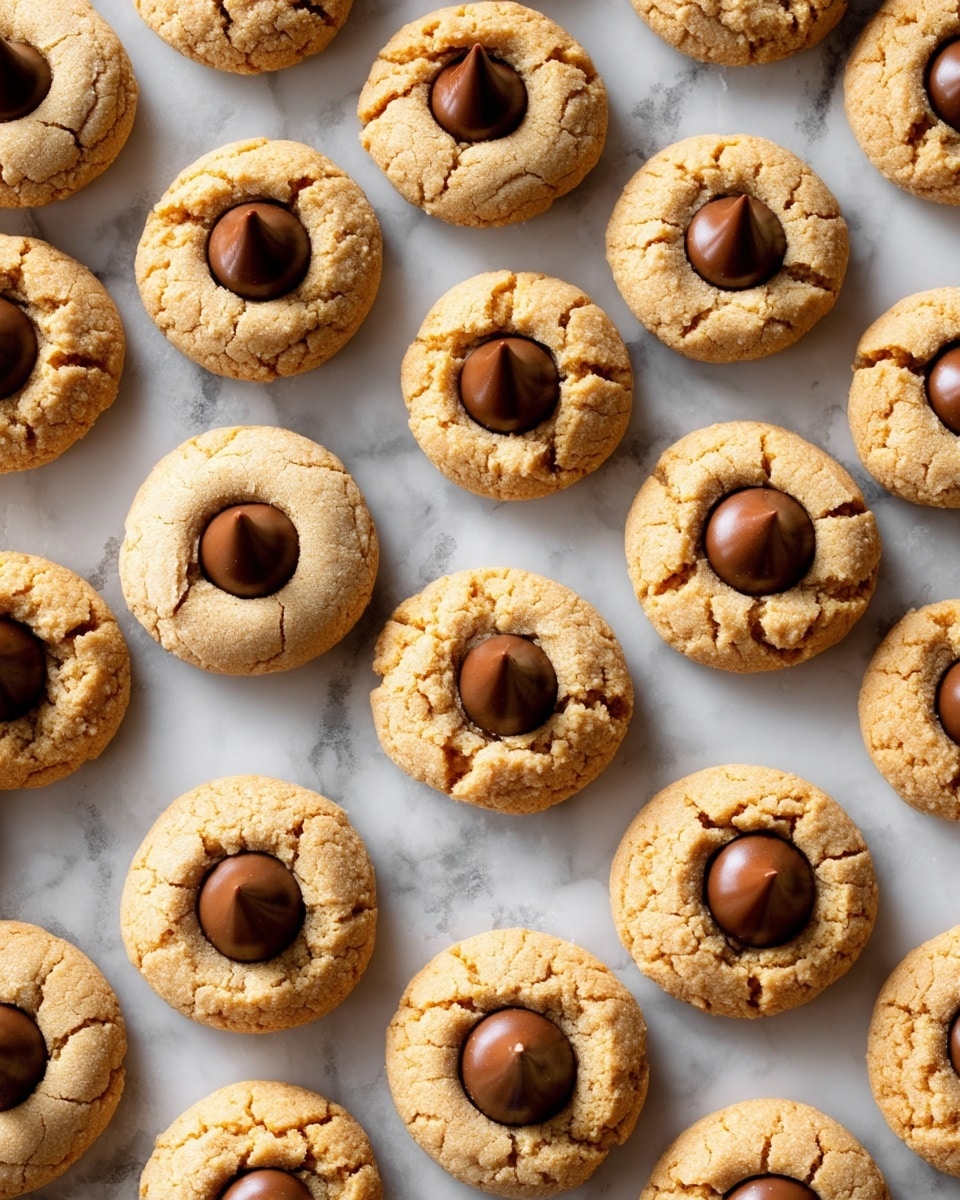 Rows of round peanut butter cookies are laid out on a white marbled surface. Each cookie has a light golden brown color with a cracked, crumbly texture. In the center of each cookie is a single smooth, dark brown chocolate kiss, slightly melting into the cookie base. The cookies are arranged in neat, even rows, showing consistent size and shape across the batch. The overall look is warm and inviting, with soft natural light highlighting the texture of the cookies and the glossy chocolate centers. photo taken with an iphone --ar 4:5 --v 7