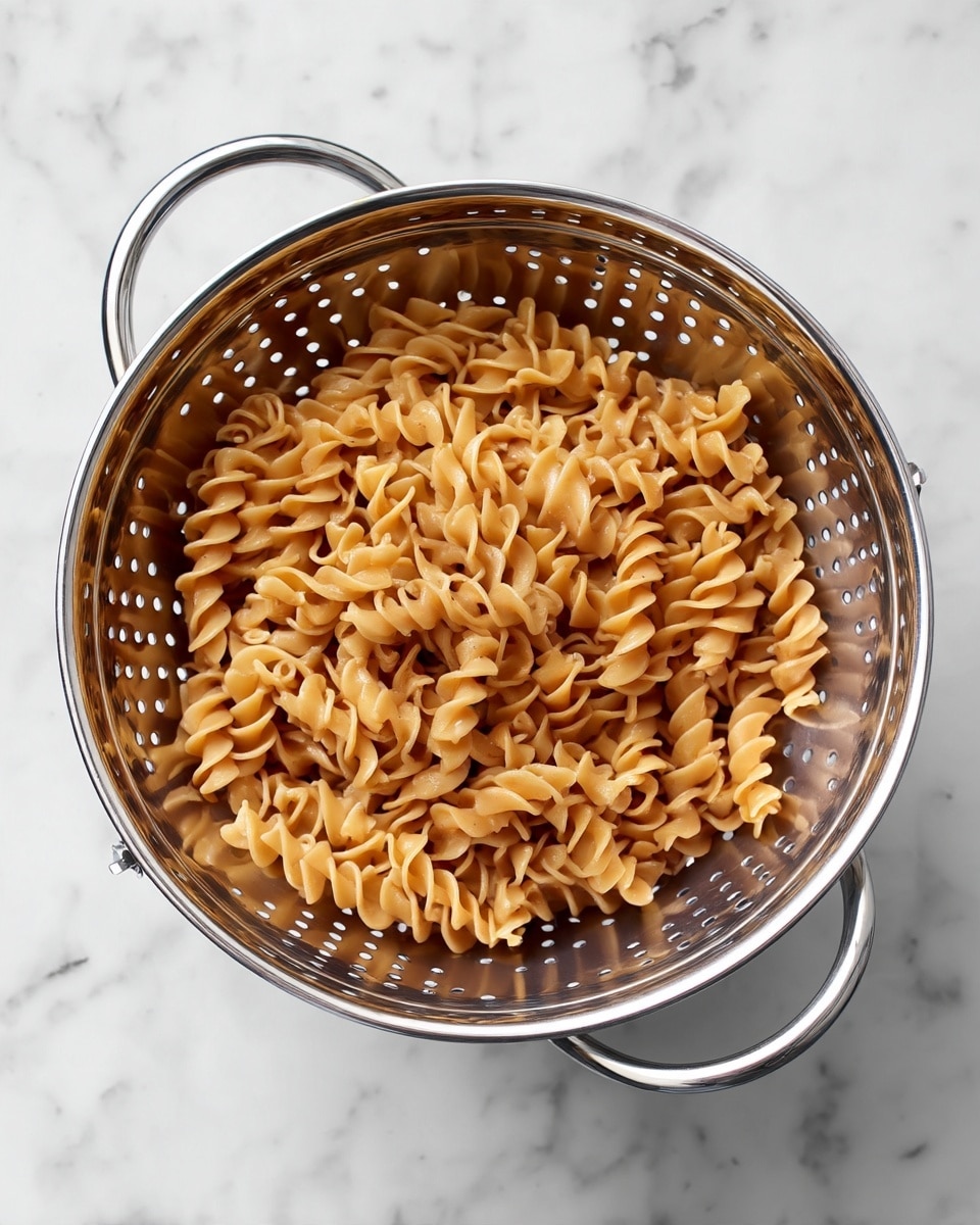 A top view of a shiny silver metal colander filled with light brown cooked spiral pasta. The colander has two silver handles on each side and many small round holes for draining. The colander sits on a white marbled surface with soft lighting showing a clean and simple kitchen scene. photo taken with an iphone --ar 4:5 --v 7