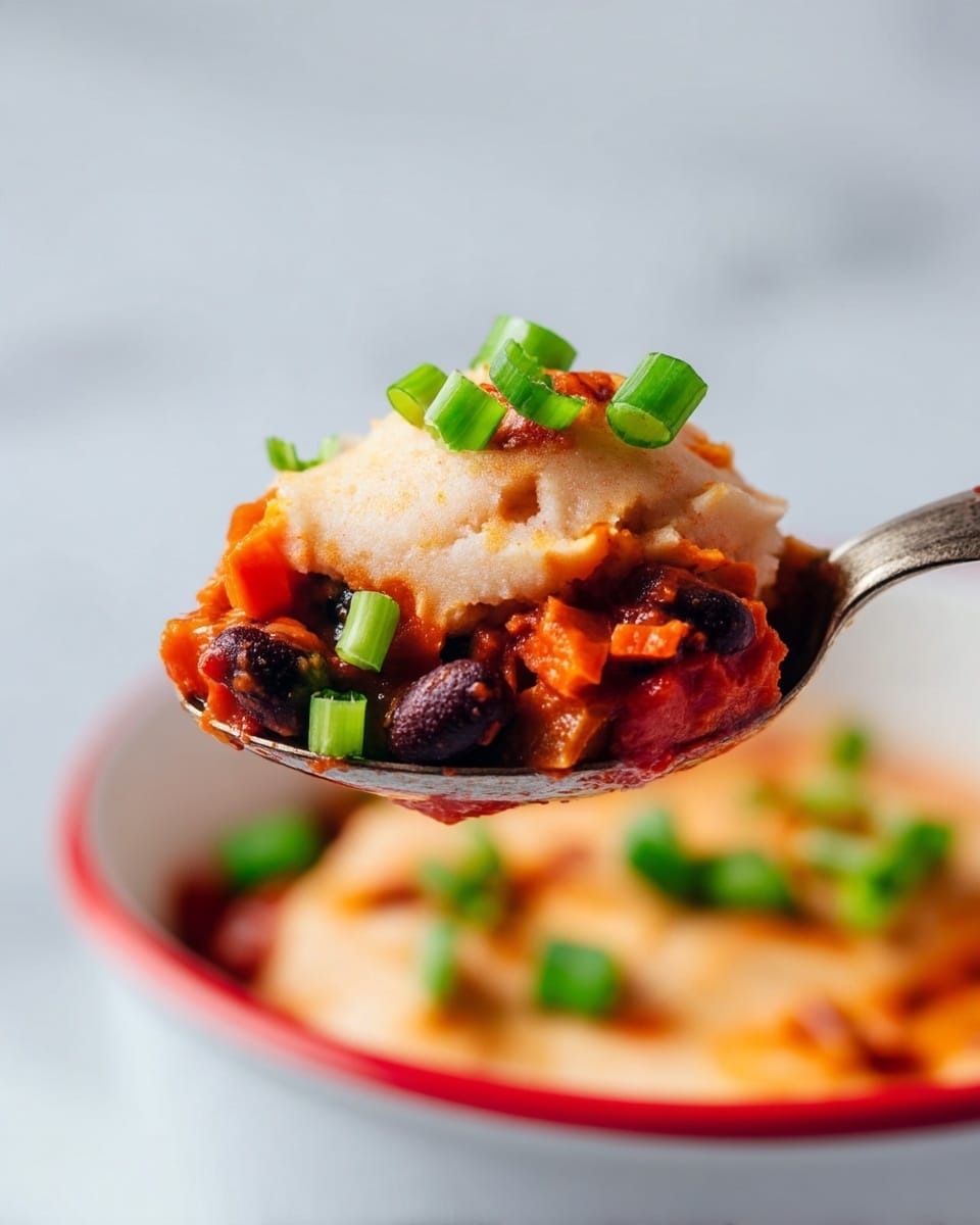 A close-up of a spoon holding a layered food scoop that has two main layers: the bottom layer is a chunky mixture of dark beans and orange vegetables in a rich red sauce, and the top layer is a soft, pale, slightly browned mashed topping with a smooth texture; small pieces of bright green onion are sprinkled on top and around the spoon, with a white marbled background that softly blurs out, and part of a white bowl with a red rim is just visible on the left edge; photo taken with an iphone --ar 4:5 --v 7