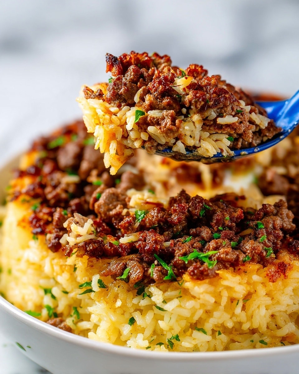 A close-up of a white plate filled with a layered dish, showing two main layers: a bottom layer of soft, golden yellow rice with a slightly sticky texture, and a top layer of browned ground meat mixed with small bits of cooked onion and sprinkled with green herbs. A blue spoon is lifting a scoop of this layered dish, displaying the contrast between the fluffy rice and the crumbly, seasoned meat on top, all set against a background of white marbled texture. Photo taken with an iphone --ar 4:5 --v 7