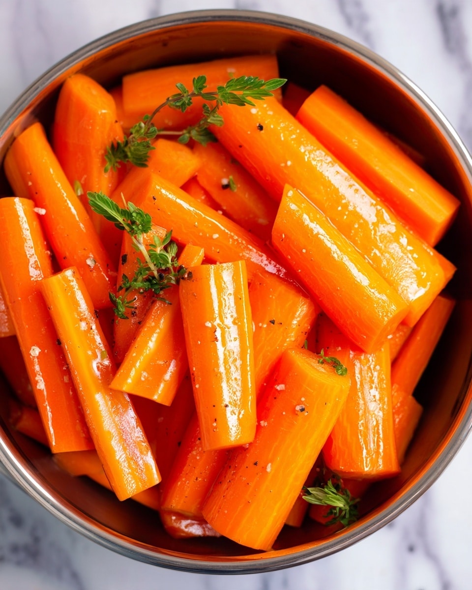 This image shows many pieces of bright orange carrots that look fresh and shiny. The carrots are cut into two main shapes: some are long sticks, and some are short pieces with a flat side showing white stripes inside. They are in a silver pot or bowl, with small bits of black pepper and a few green herb sprigs on top. The shiny surface on the carrots shows they have oil or butter on them. The background is a white marbled texture. photo taken with an iphone --ar 4:5 --v 7