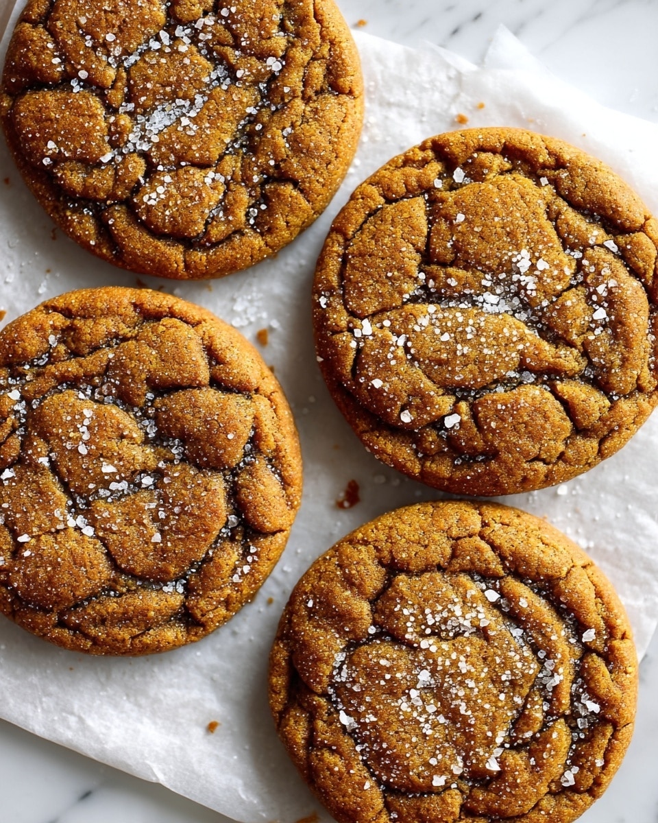 Chewy Pumpkin Spice Molasses Cookies Recipe 5 Four large round cookies with a crackled texture and deep golden brown color are laid on white parchment paper with a sprinkle of white sugar crystals on top. The cookies have a slightly rough surface with visible cracks and a soft, chewy look. They rest on a white marbled surface in a close, cozy arrangement photo taken with an iphone --ar 4:5 --v 7