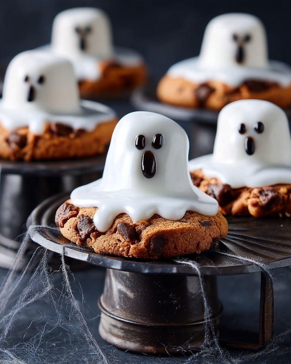 The image shows several chocolate chip cookies each topped with a small white ghost-shaped marshmallow covered in white icing that drips over the edges of the cookie like a flowing sheet; the marshmallow ghosts have simple black eyes and mouths made from small dots, giving them a cute spooky look. The cookies are placed on two dark metal stands, with some spider web decoration woven around them. The background is dark, contrasting with the bright white marshmallow and brown cookie textures. Photo taken with an iphone --ar 4:5 --v 7