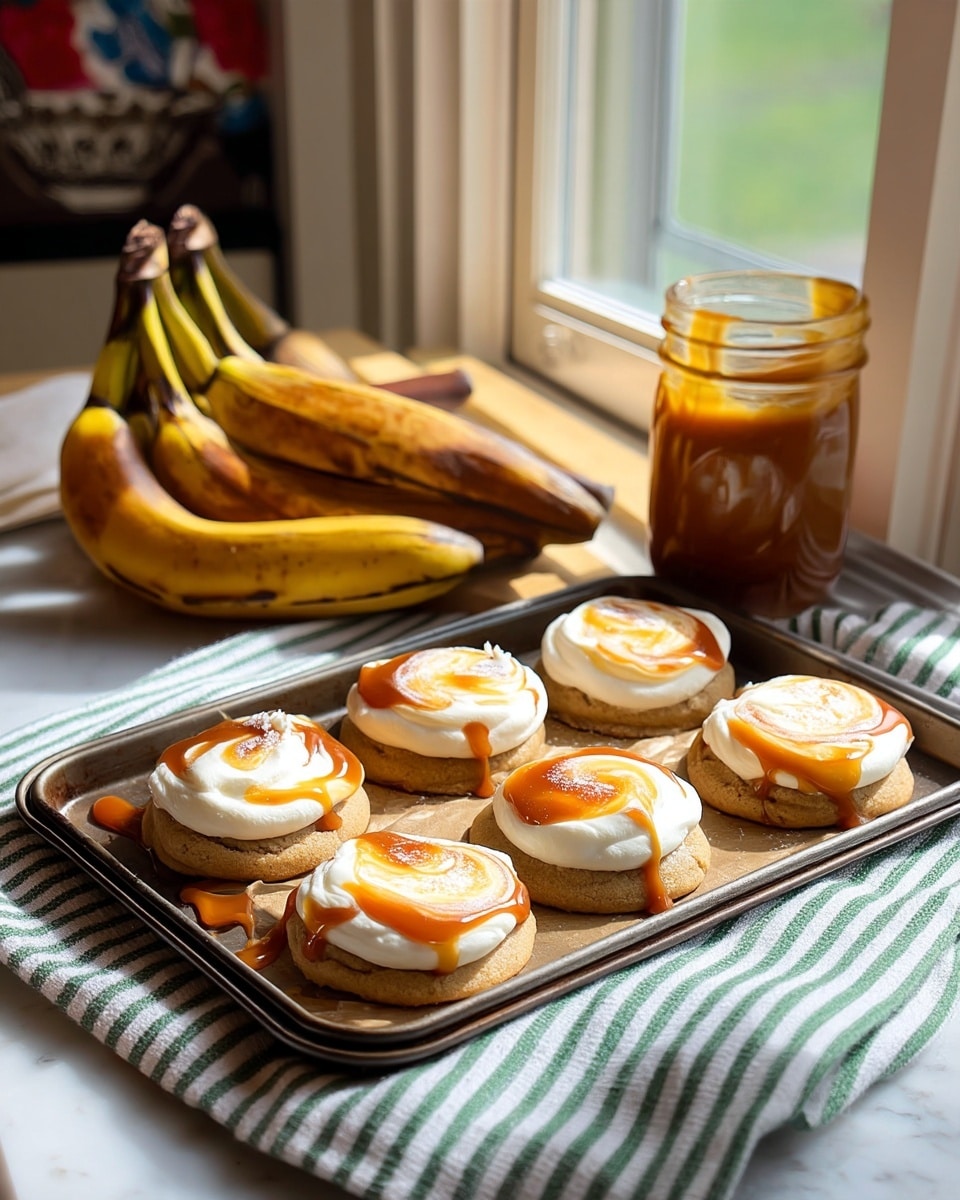 A baking tray holds multiple round cookies, each topped with a thick layer of white cream swirled with caramel sauce that is glossy and amber-colored; the cookies are light brown and appear soft, with the cream layer sitting neatly on top, some caramel dripping slightly over the edges; behind the tray, there are ripe, dark brown bananas and a small jar filled with more caramel sauce, all set on a white marbled window sill with sunlight streaming in; the tray rests on a green and white striped cloth. photo taken with an iphone --ar 4:5 --v 7