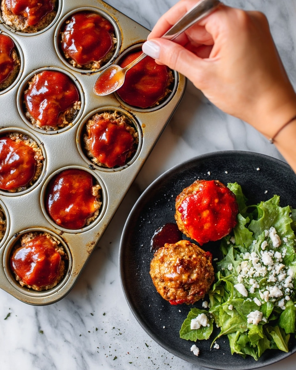 Mini Meatloaf in Muffin Tins with Savory Meatloaf Sauce Recipe 5 The image shows mini meatloaves in a metal muffin tray and plated on a white marble surface. The left side has six mini meatloaves with a shiny, thick red sauce being spread on top by a woman's hand holding a spoon. The right side shows two mini meatloaves on a dark plate with a tomato-based glaze on top, one with sauce dripping down the side. There is green leafy salad with white cheese crumbles on the side of the plate. Photo taken with an iphone --ar 4:5 --v 7