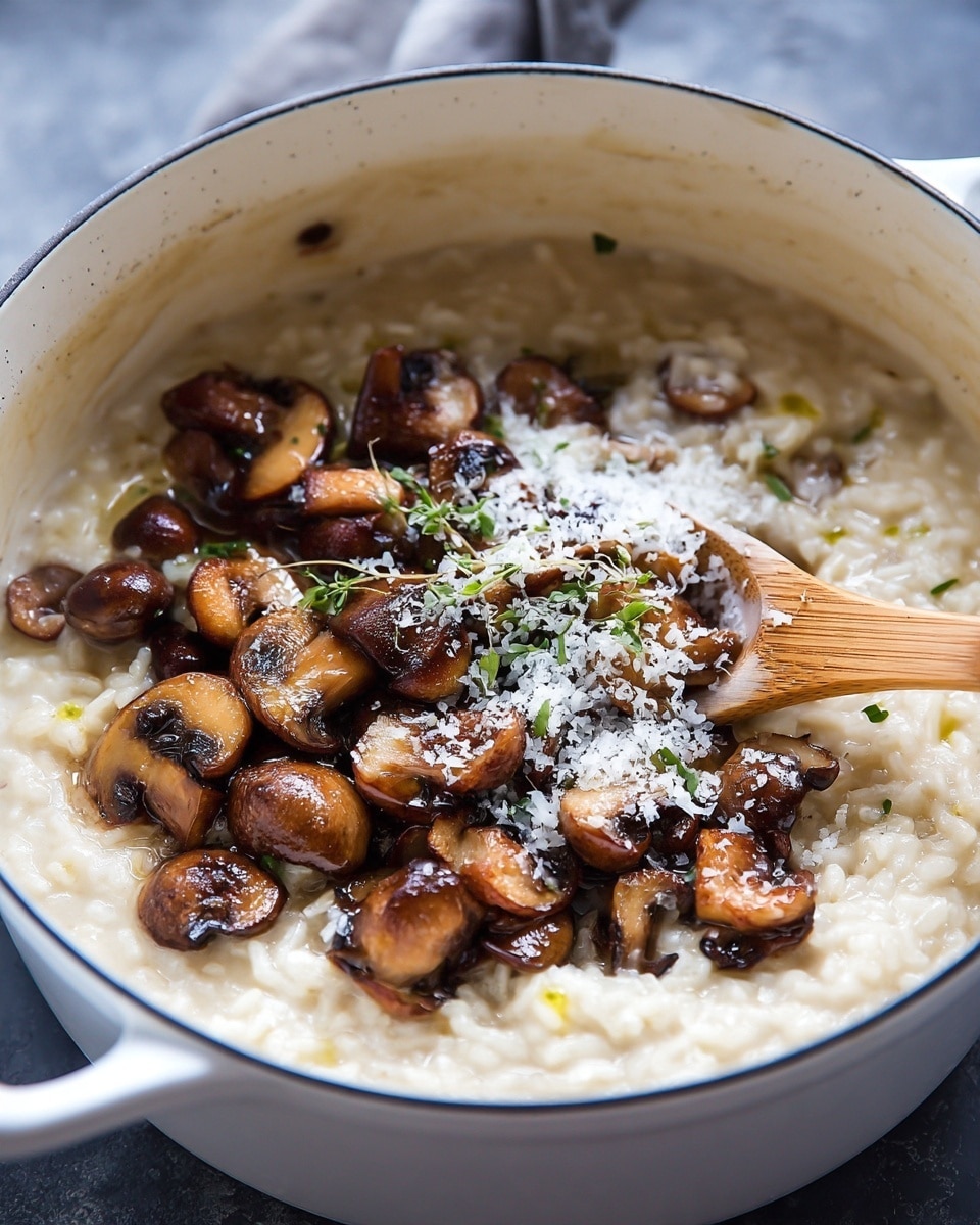 A white pot filled with creamy risotto as the base layer, light beige in color with a soft, slightly thick texture. On top, there is a layer of sautéed brown mushrooms, cut into smaller pieces and scattered evenly across the risotto. Some grated cheese and small green herb pieces are sprinkled over the mushrooms, adding a touch of white and green contrast. A wooden spoon is stirring the risotto towards the right side inside the pot. The pot is placed on a dark surface with the background not fully visible. Photo taken with an iphone --ar 4:5 --v 7