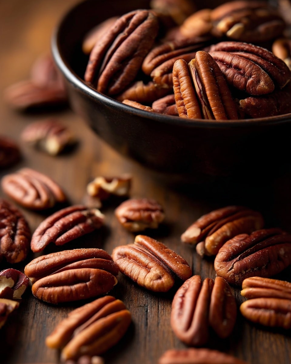 The image shows a close-up of many pecan nuts spread across a wooden surface, with their rich brown shells and textured ridges clearly visible. In the top part of the image, a dark bowl holds more pecans, with soft light casting shadows and highlighting the nuts' rough, natural textures. The pecans vary in size, some fully intact while others are broken into pieces, all displaying deep brown and amber tones. Photo taken with an iphone --ar 4:5 --v 7