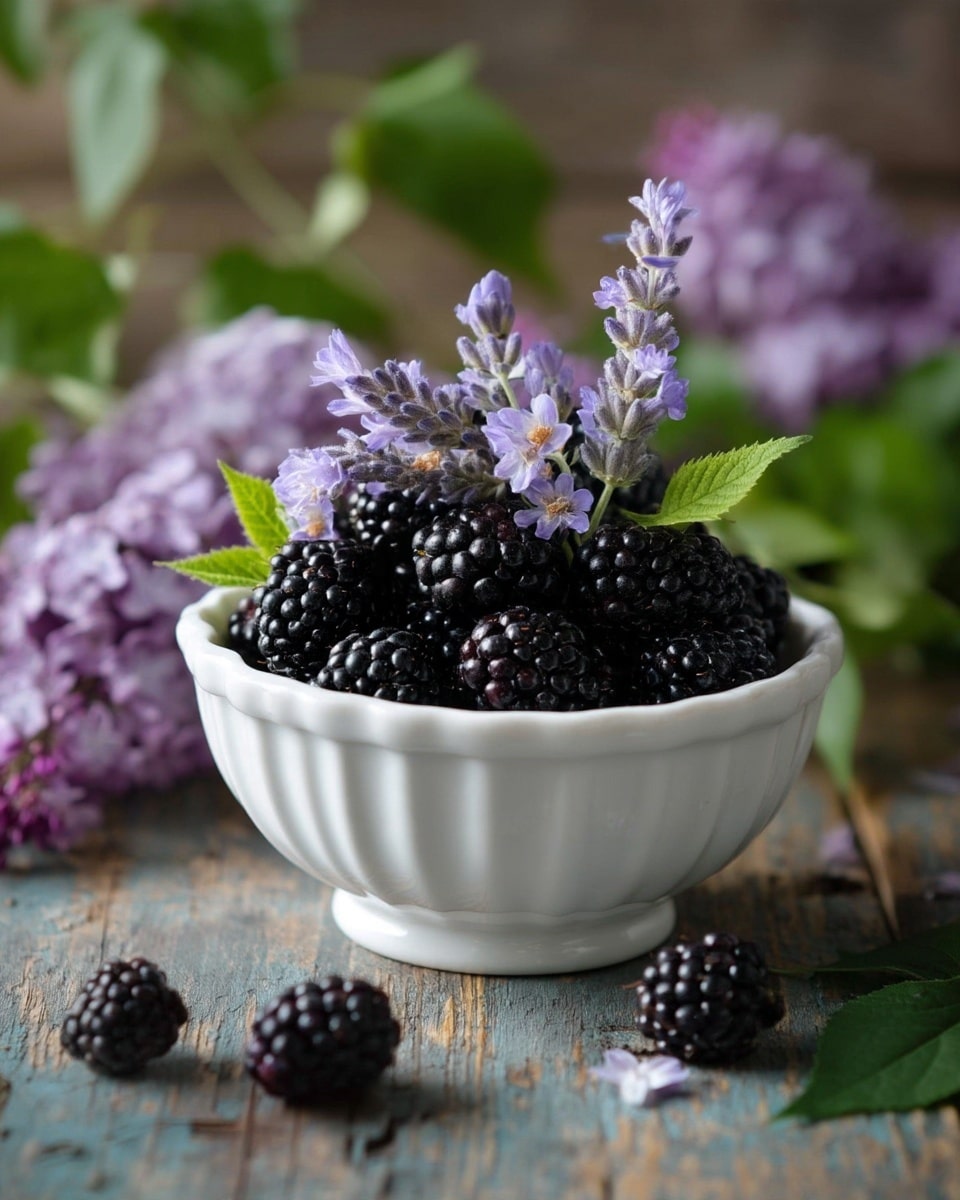 A white fluted ceramic bowl filled with a layer of shiny, dark blackberries, topped with a few sprigs of light purple lavender flowers with green stems, placed on a rustic wooden surface. Around the bowl, there are scattered loose blackberries and a cluster of small purple lilac flowers with green leaves, adding a natural and fresh touch to the scene. photo taken with an iphone --ar 4:5 --v 7